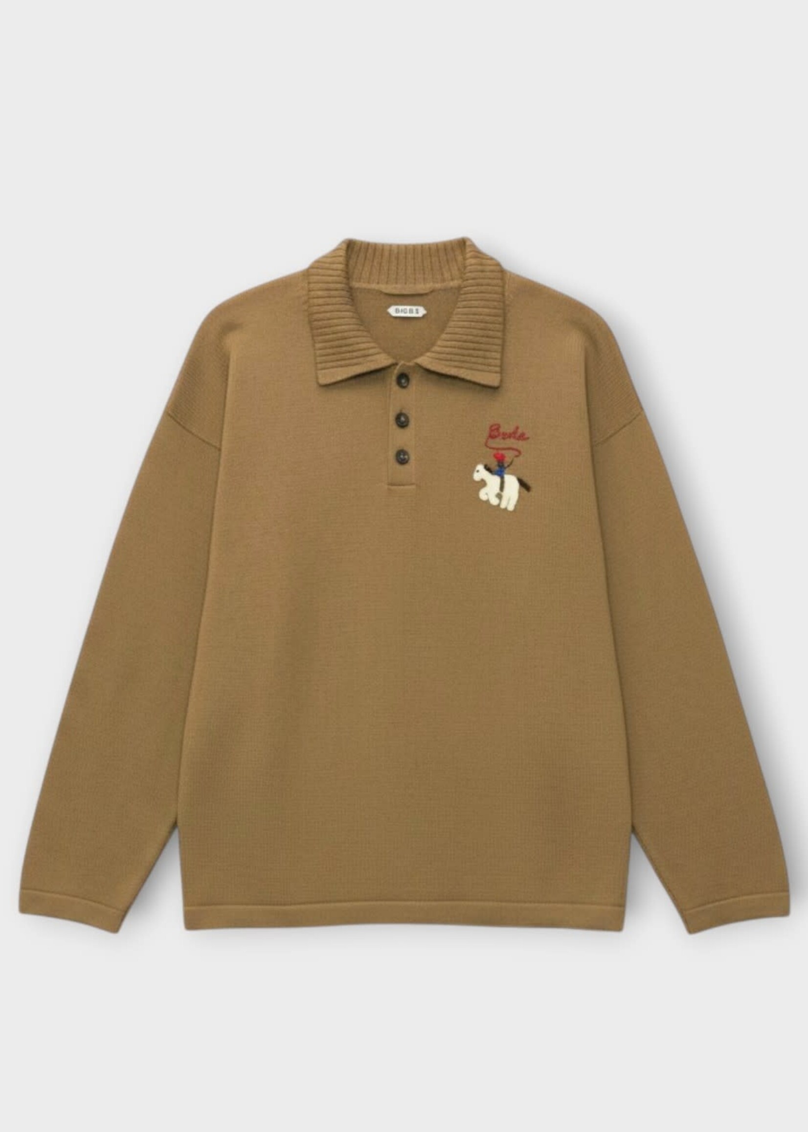 Bode Bode Knitwear, Brown, Wool Cowboy Applique Long Sleeve Polo In Tan