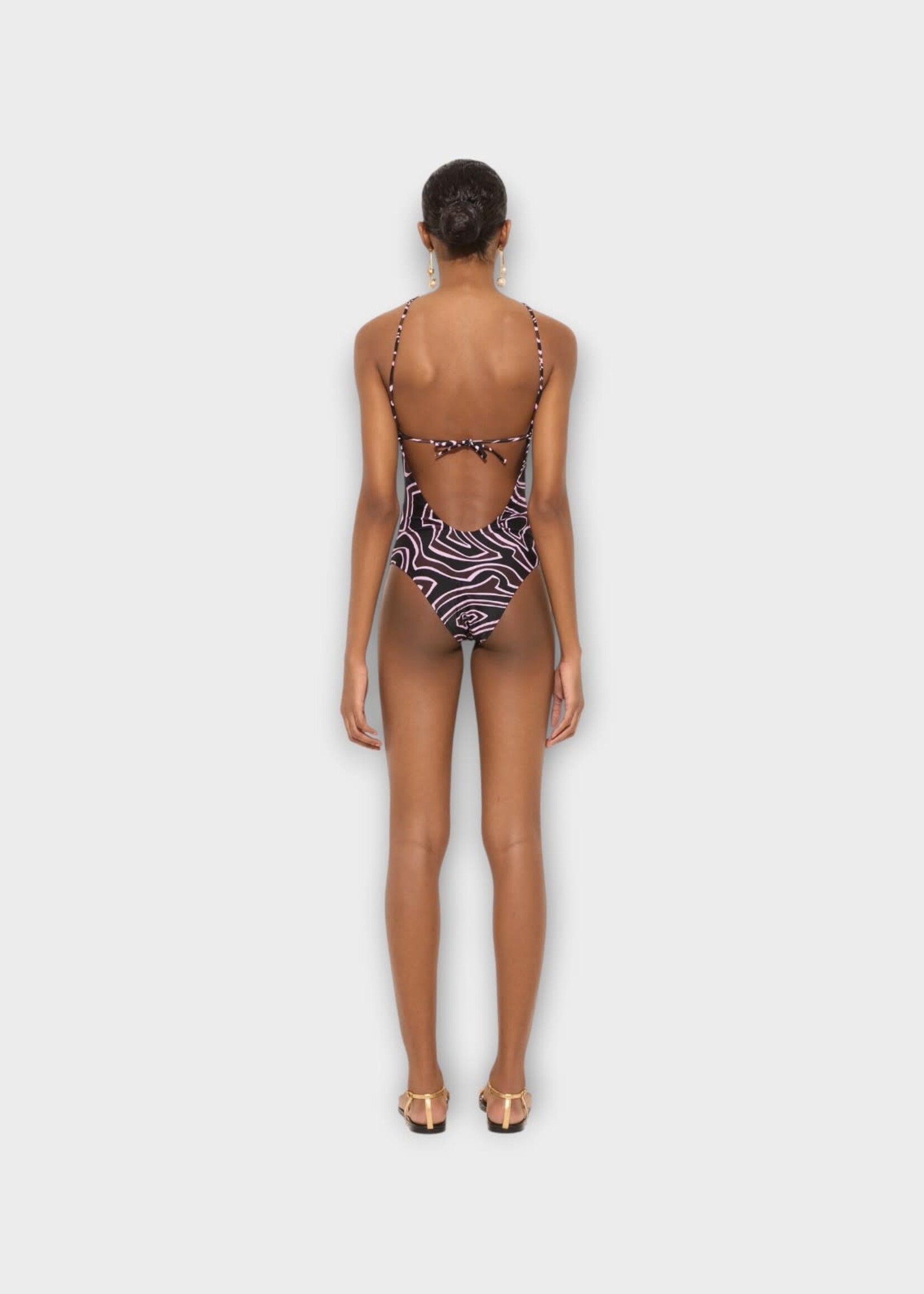 Pucci Pucci Swimwear, Print, Halter Neck One Piece Swimsuit In Khaki & Pink w/ Labirinto Print