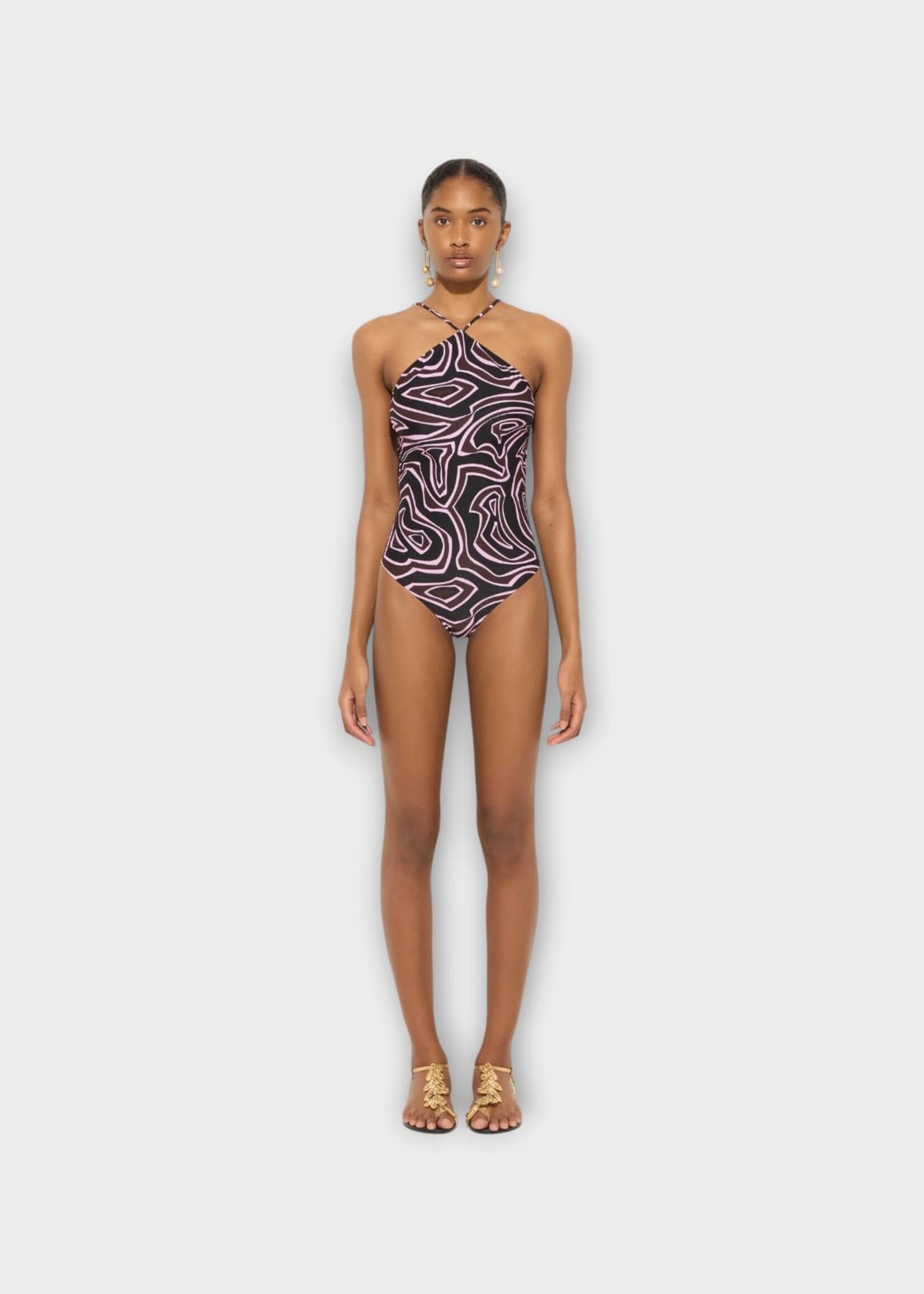Pucci Pucci Swimwear, Print, Halter Neck One Piece Swimsuit In Khaki & Pink w/ Labirinto Print