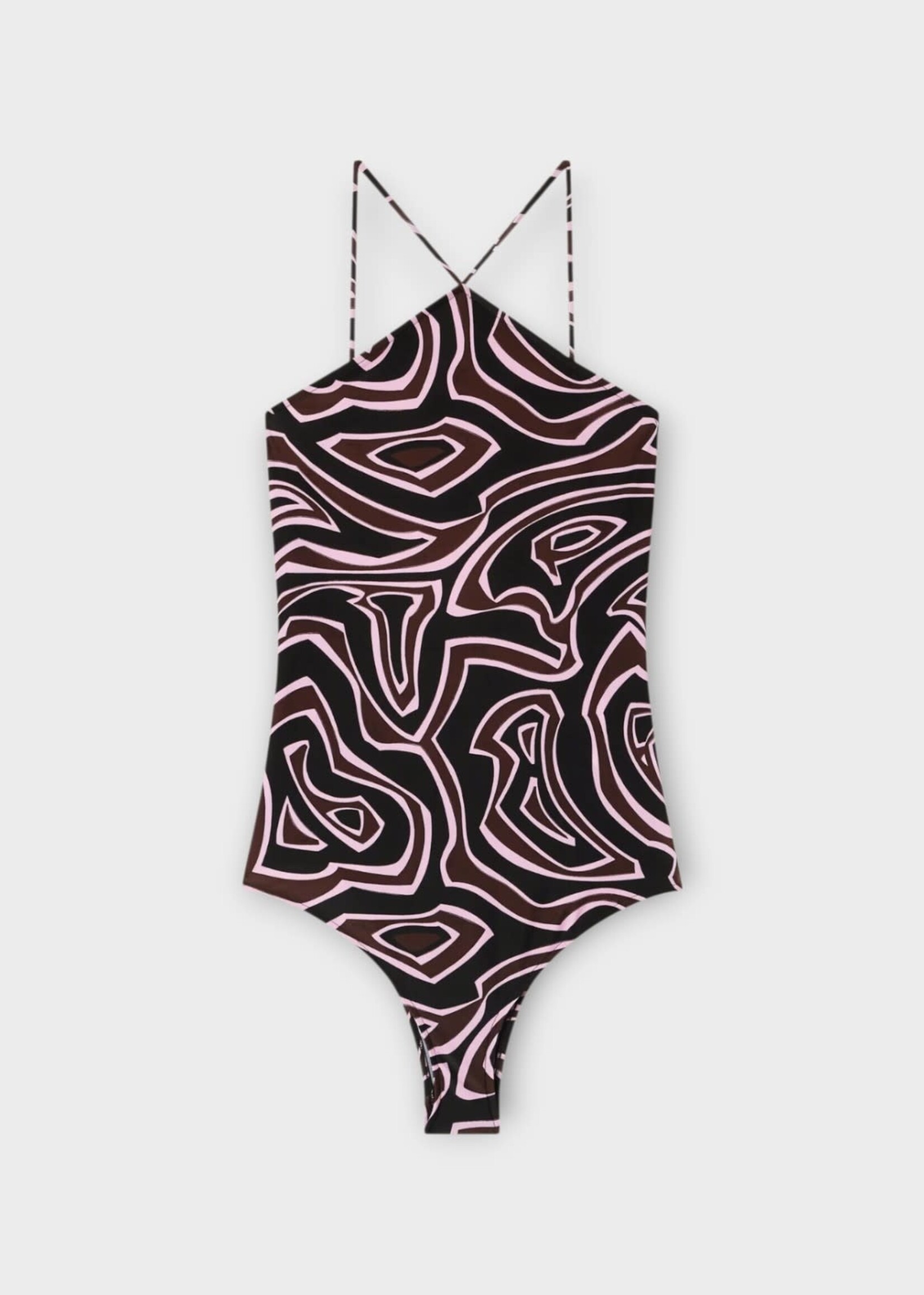 Pucci Pucci Swimwear, Print, Halter Neck One Piece Swimsuit In Khaki & Pink w/ Labirinto Print
