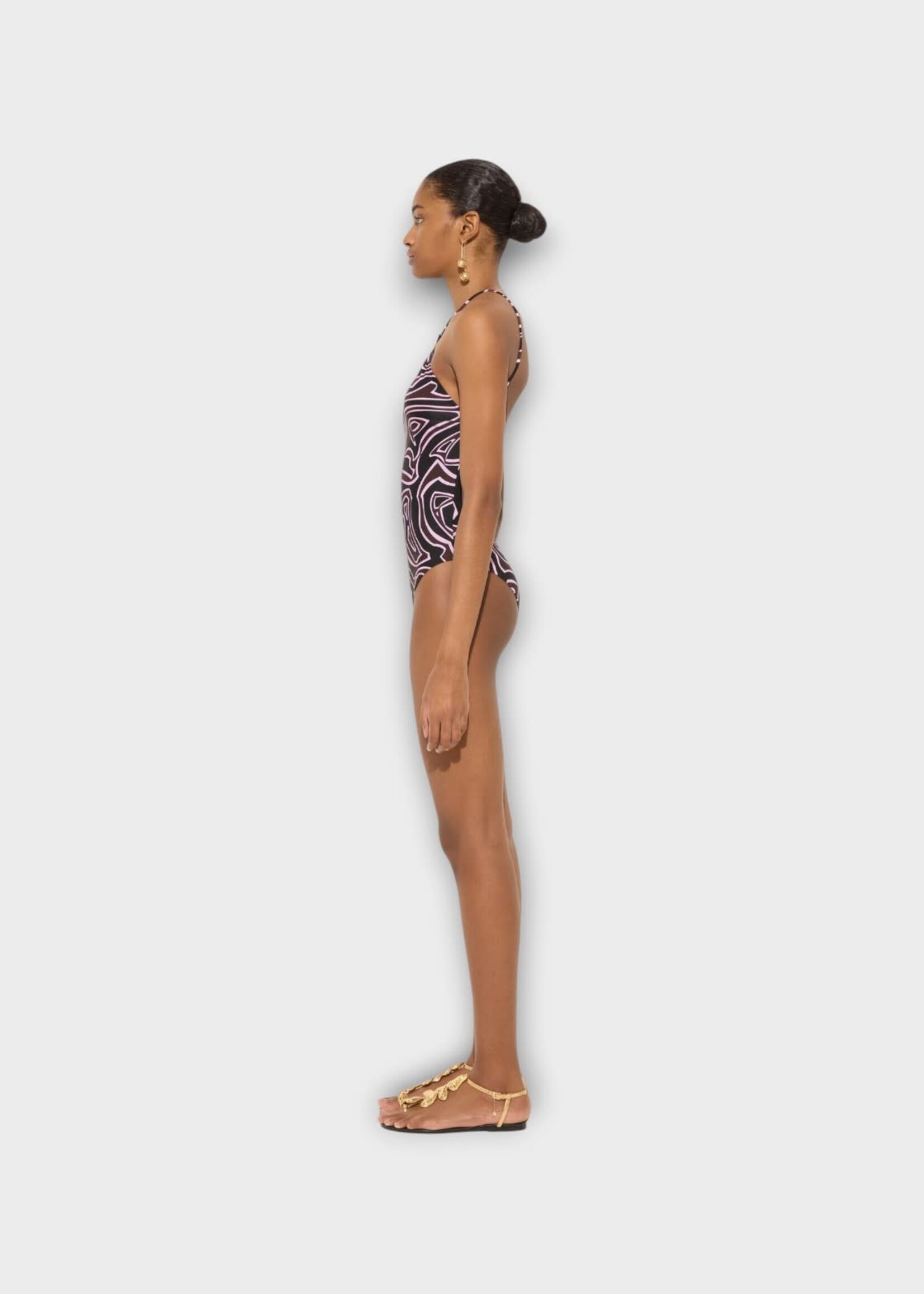 Pucci Pucci Swimwear, Print, Halter Neck One Piece Swimsuit In Khaki & Pink w/ Labirinto Print