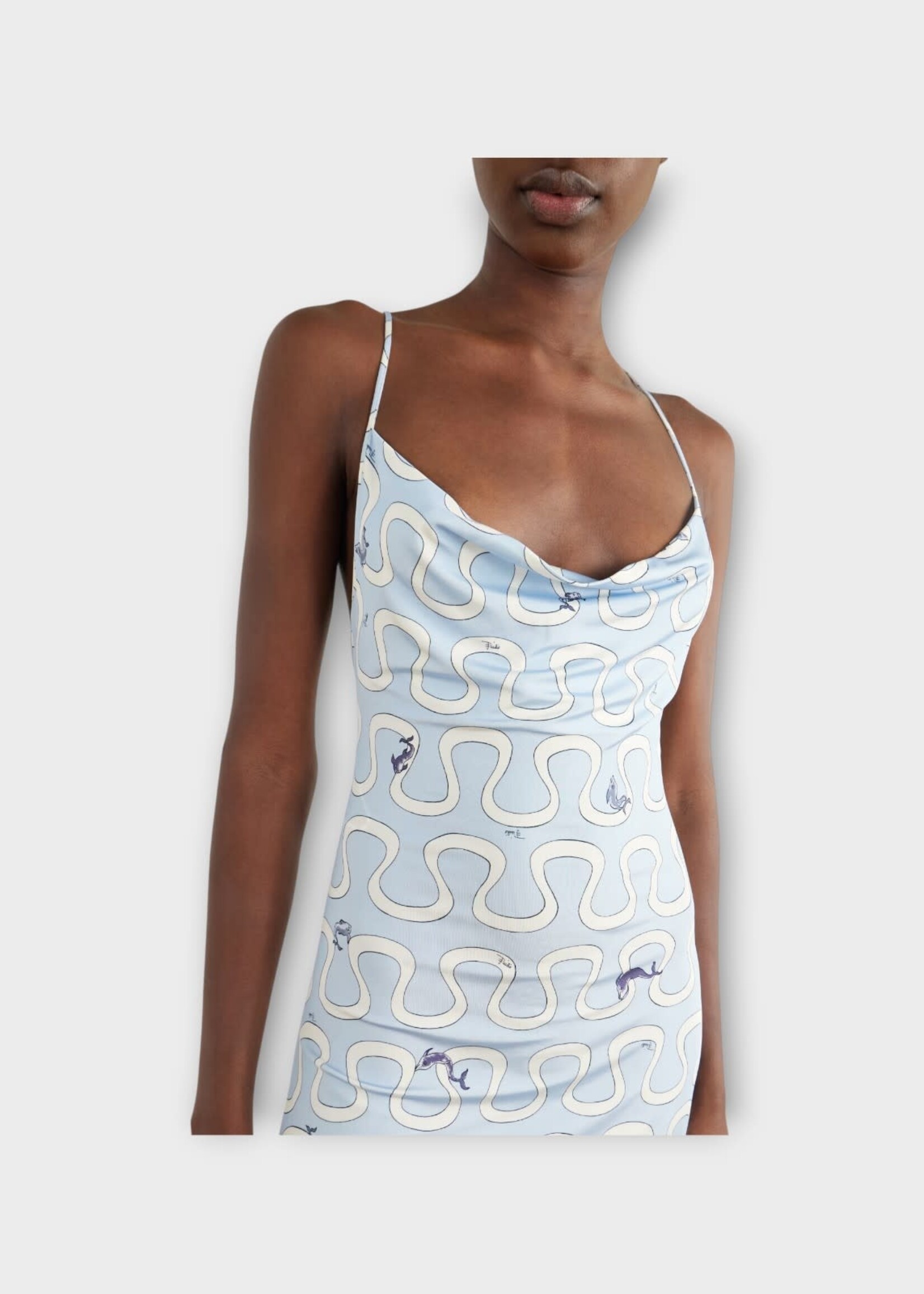 Pucci Pucci Dress, Print, Jersey Satin Mini Dress In Light Blue w/ Onda Print