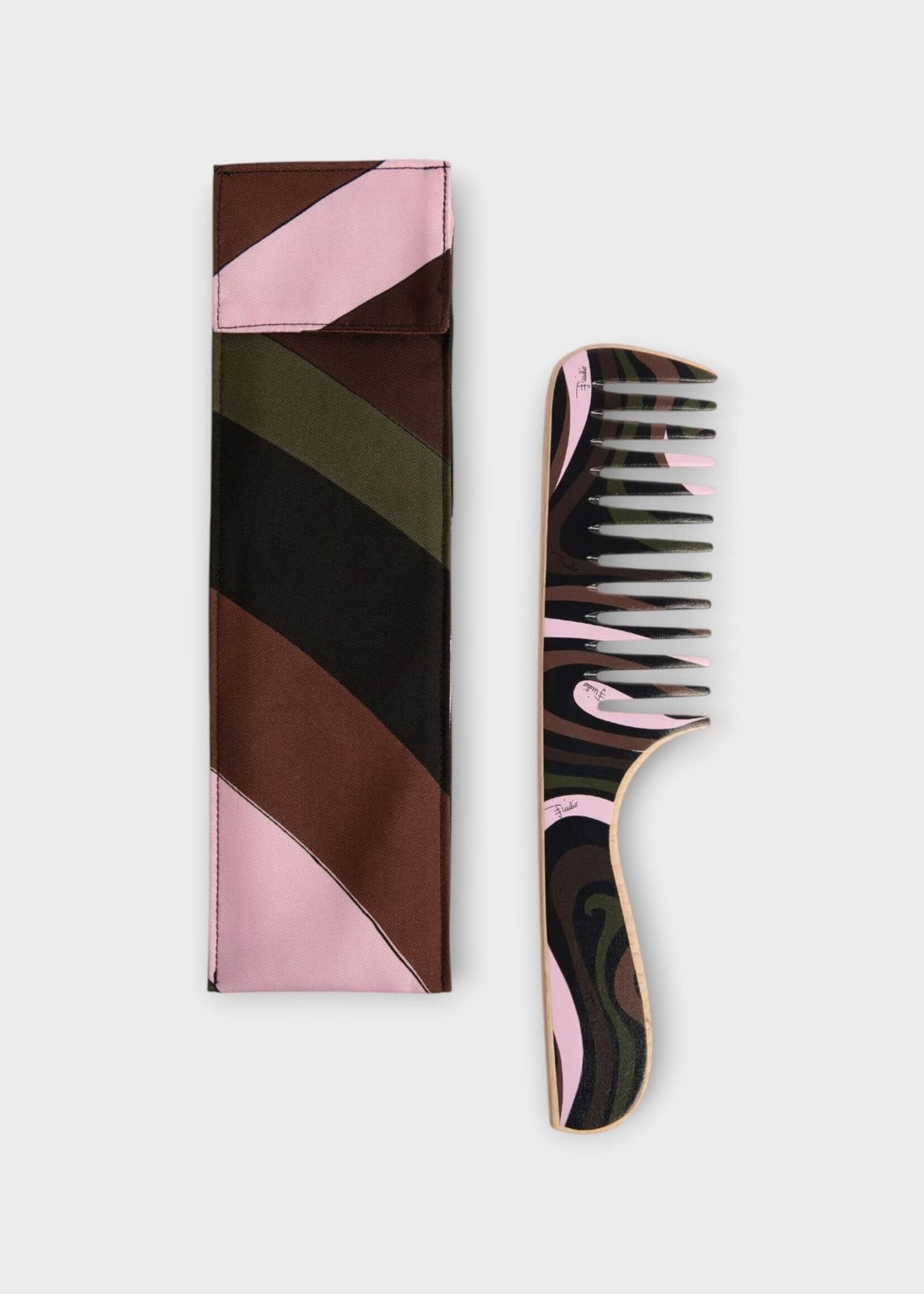 Pucci Pucci Hair Accessory, Print, Wood Comb in Khaki & Pink w/ Marmo Print