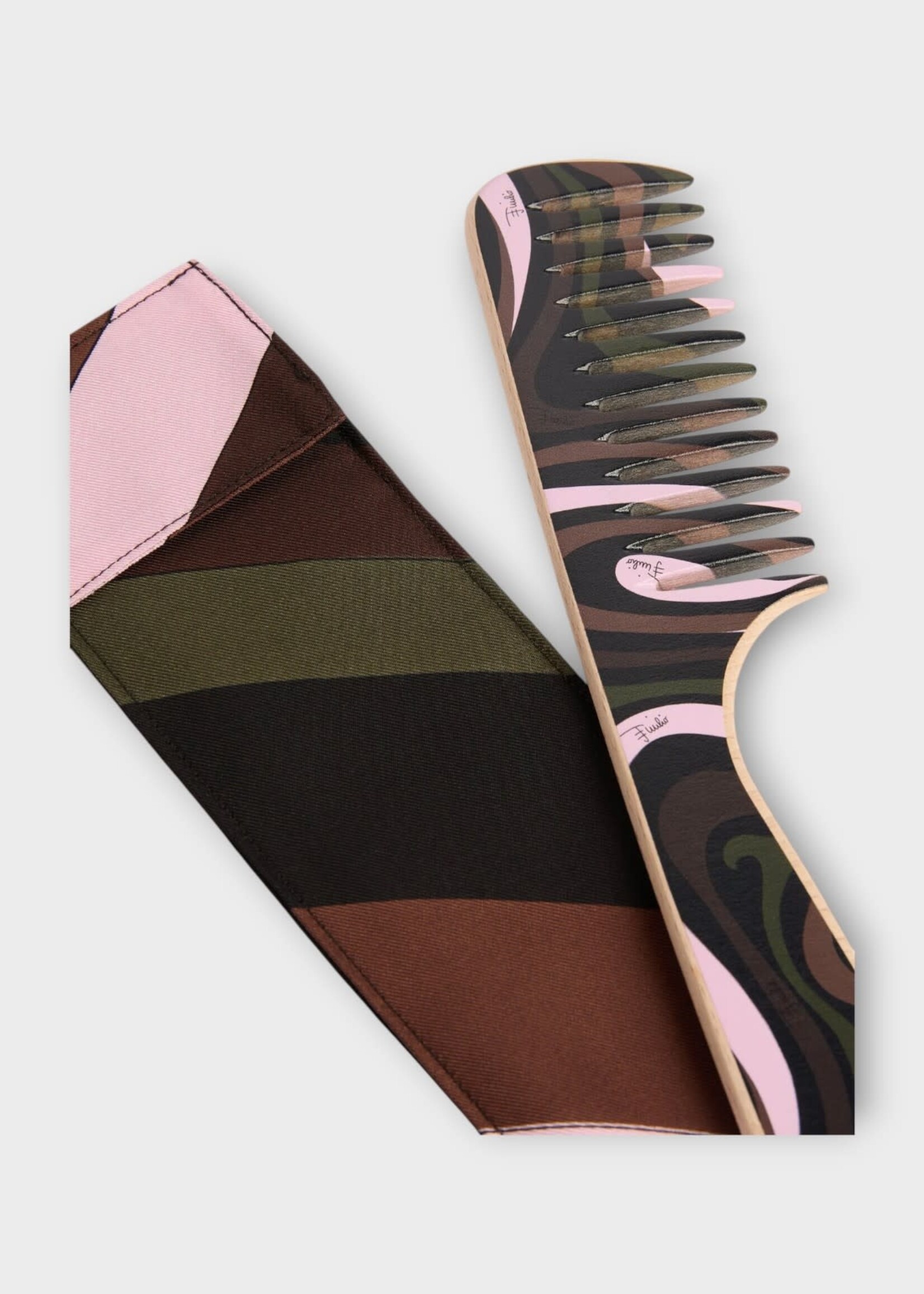Pucci Pucci Hair Accessory, Print, Wood Comb in Khaki & Pink w/ Marmo Print