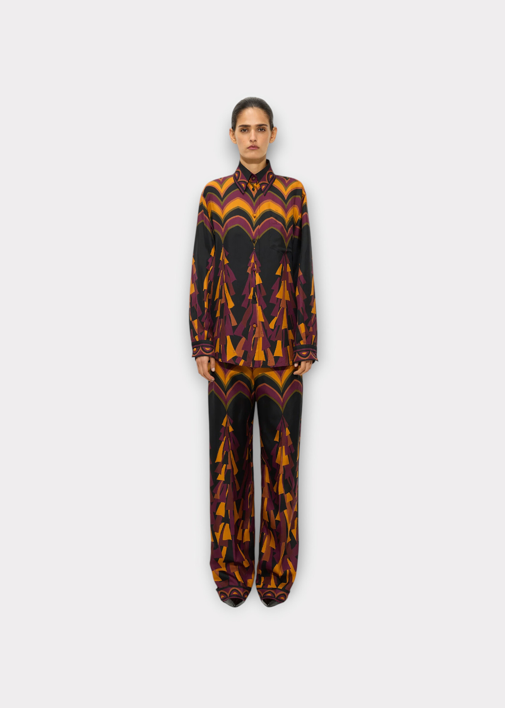 Pucci Pucci Trousers, Print, Silk Twill Wide Leg Pants In Bordeaux & Gold w/ Badeira Print