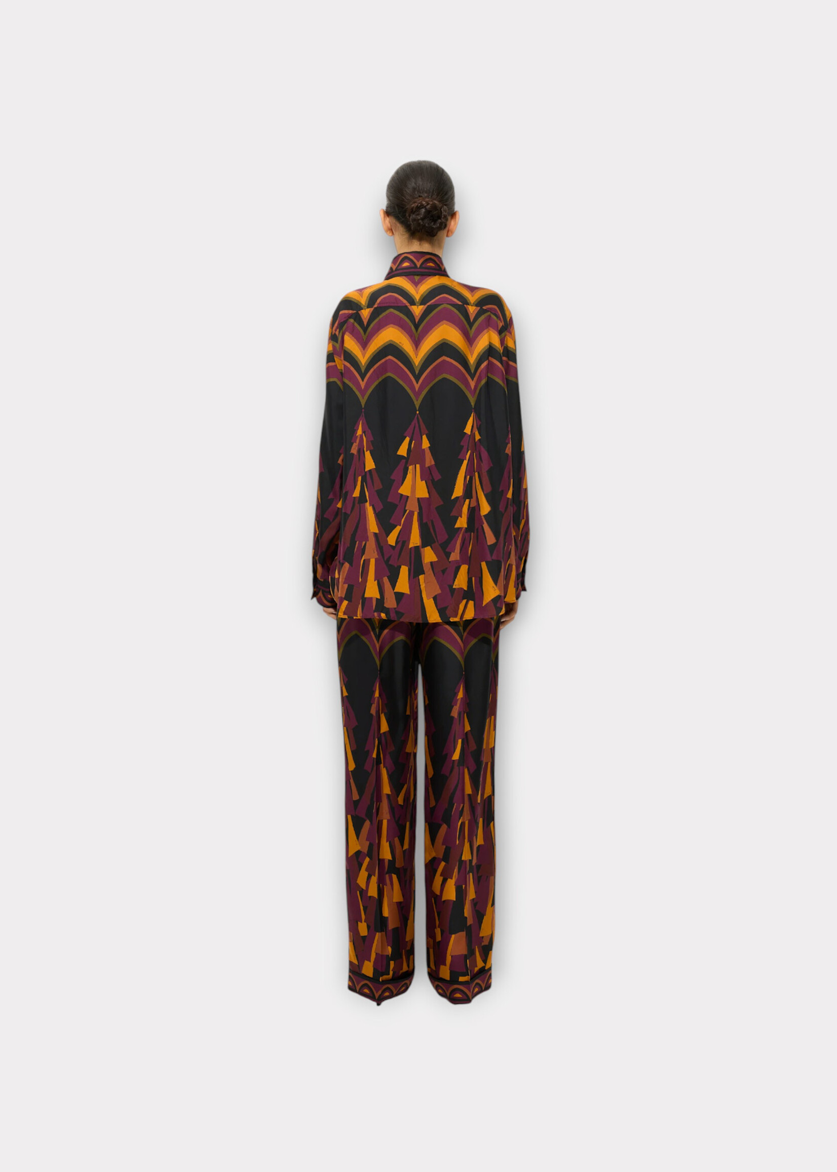 Pucci Pucci Trousers, Print, Silk Twill Wide Leg Pants In Bordeaux & Gold w/ Badeira Print