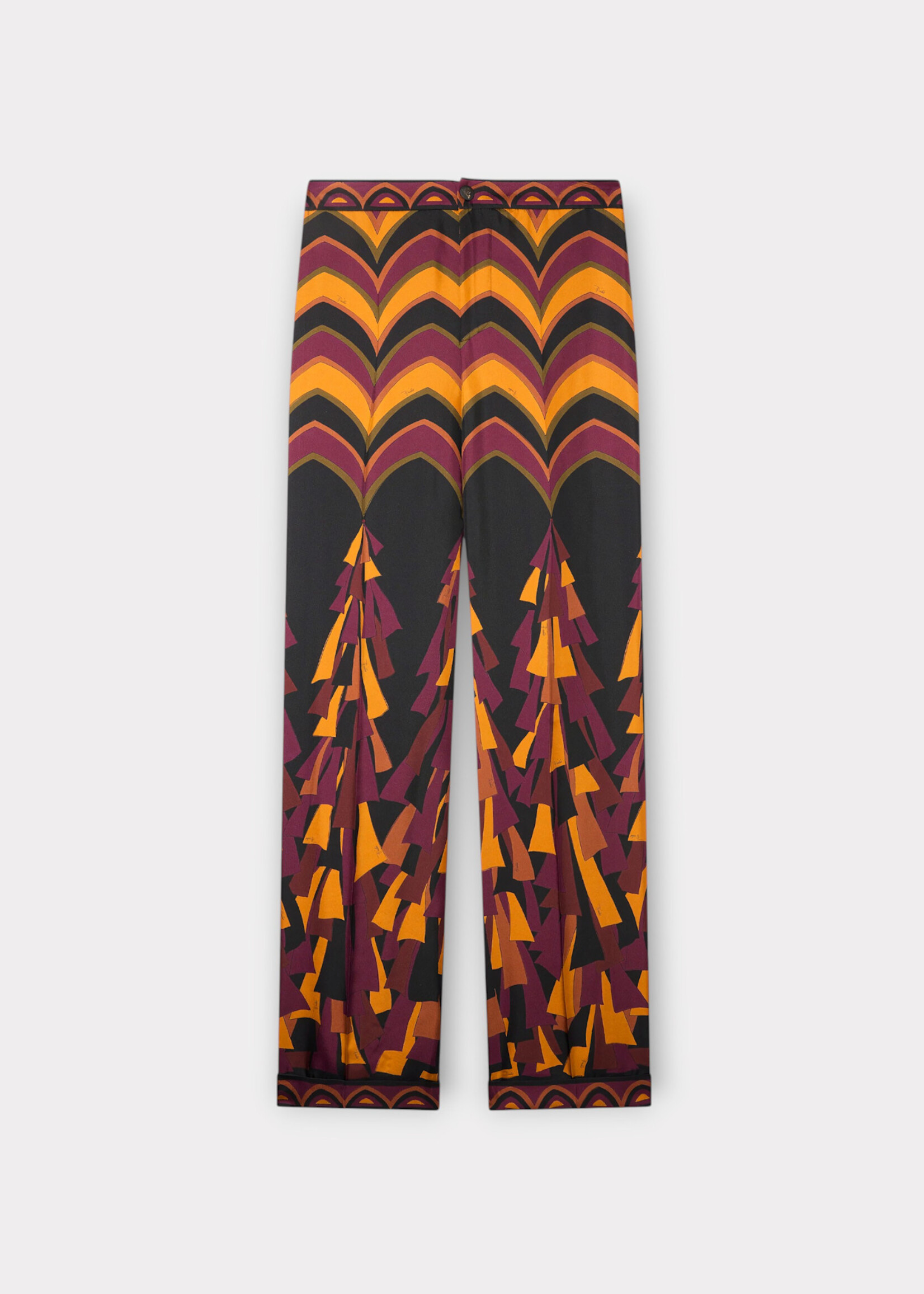 Pucci Pucci Trousers, Print, Silk Twill Wide Leg Pants In Bordeaux & Gold w/ Badeira Print