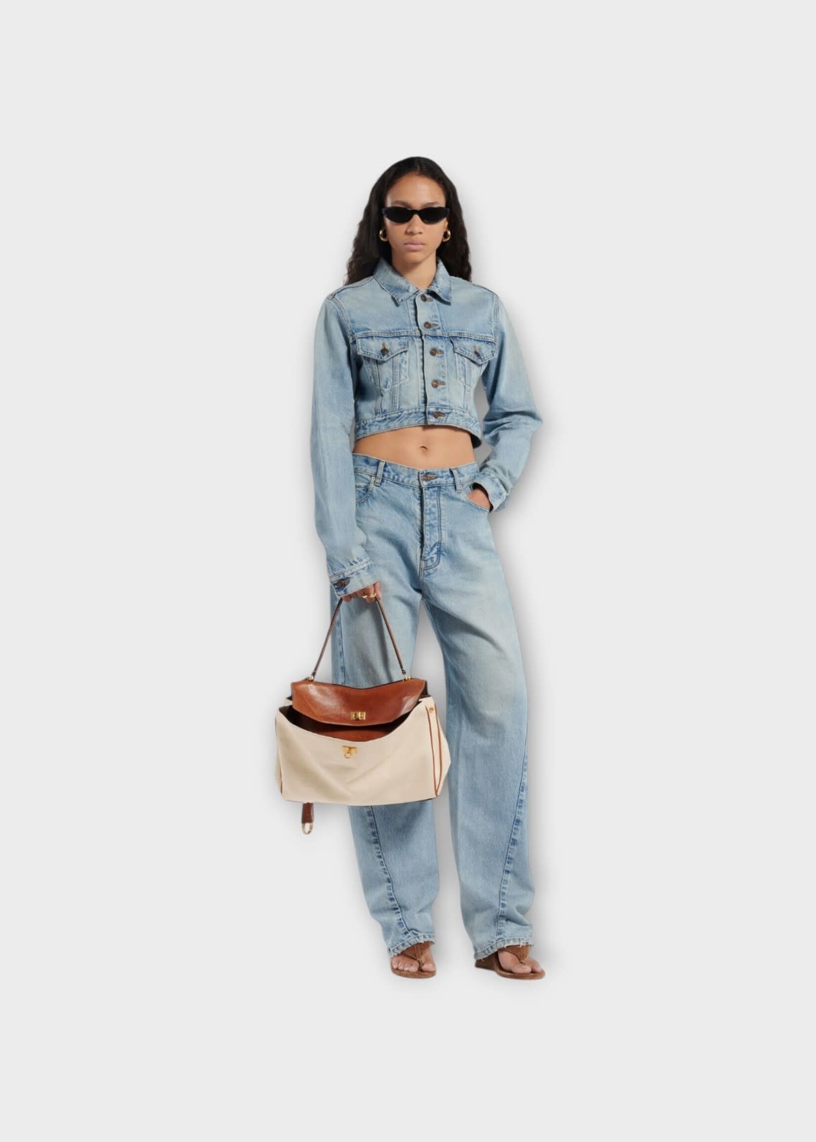 Balenciaga Balenciaga Bag, Multi, Rodeo Medium Linen & Calf Leather Top Handle Bag in Tan & Cowboy
