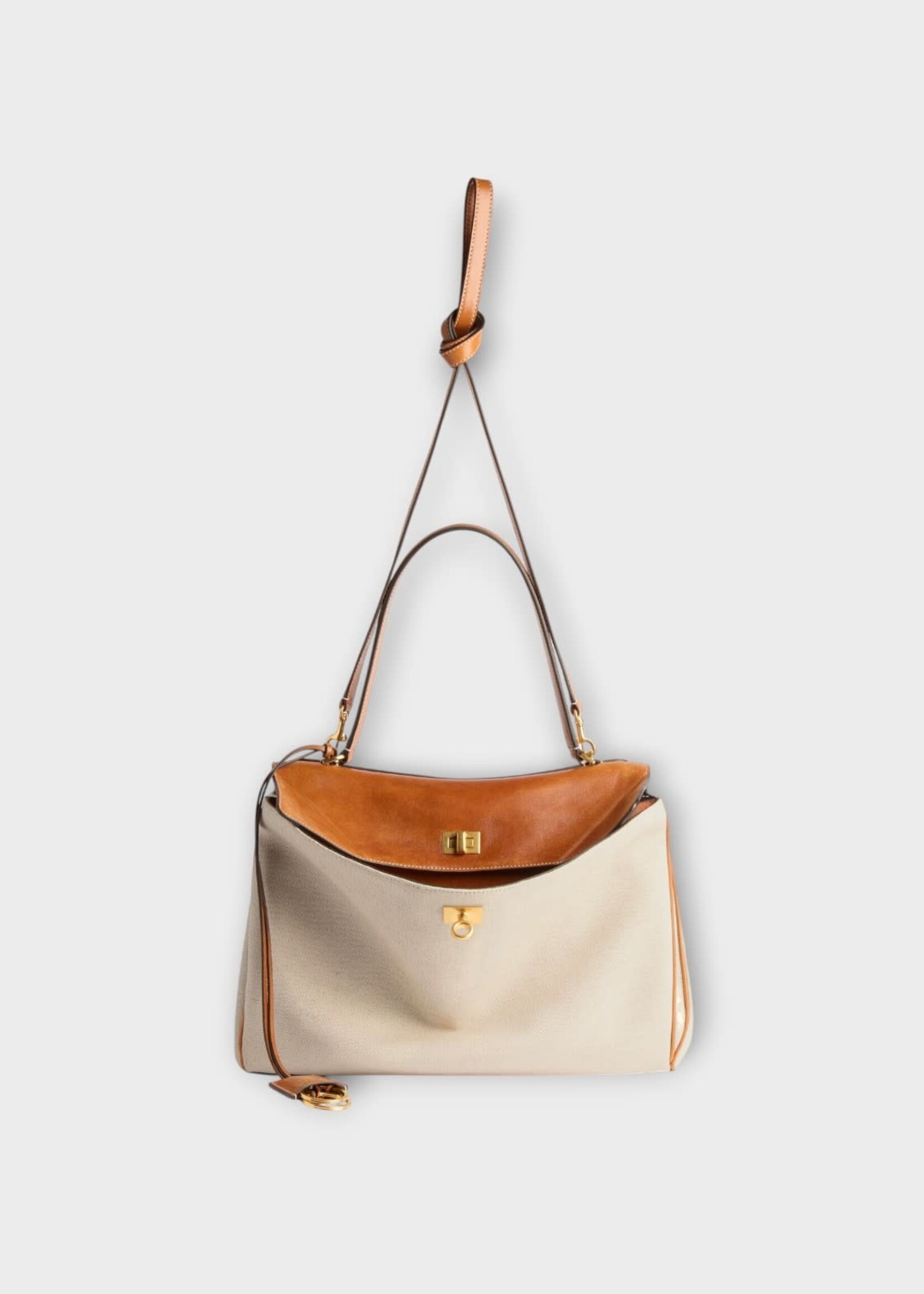 Balenciaga Balenciaga Bag, Multi, Rodeo Medium Linen & Calf Leather Top Handle Bag in Tan & Cowboy