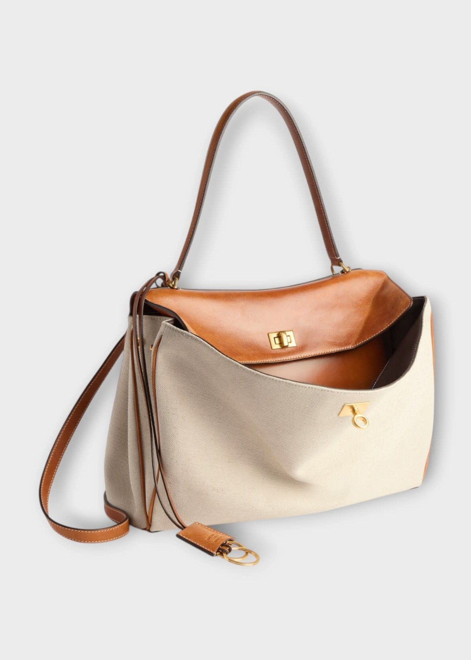 Balenciaga Balenciaga Bag, Multi, Rodeo Medium Linen & Calf Leather Top Handle Bag in Tan & Cowboy