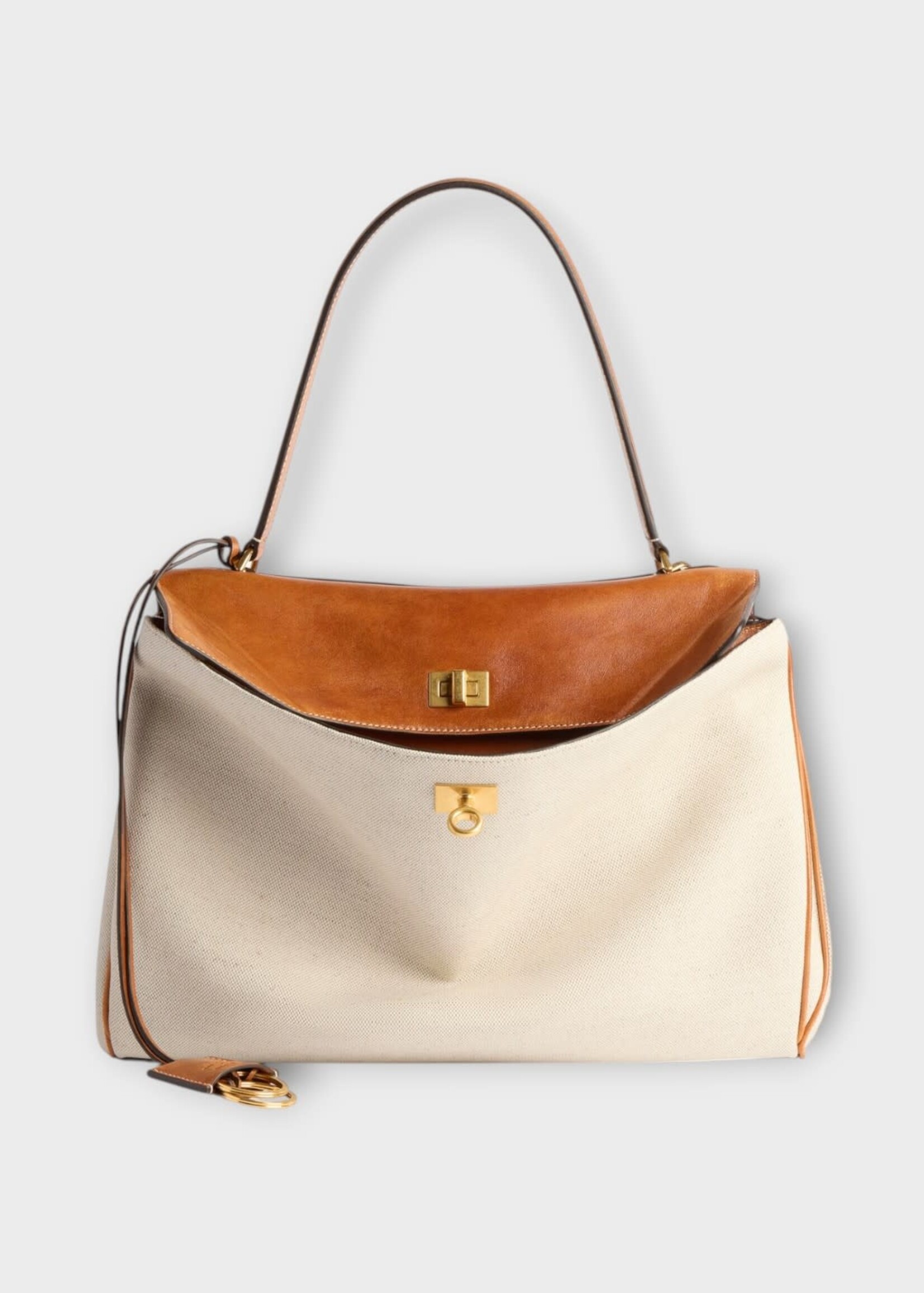 Balenciaga Balenciaga Bag, Multi, Rodeo Medium Linen & Calf Leather Top Handle Bag in Tan & Cowboy