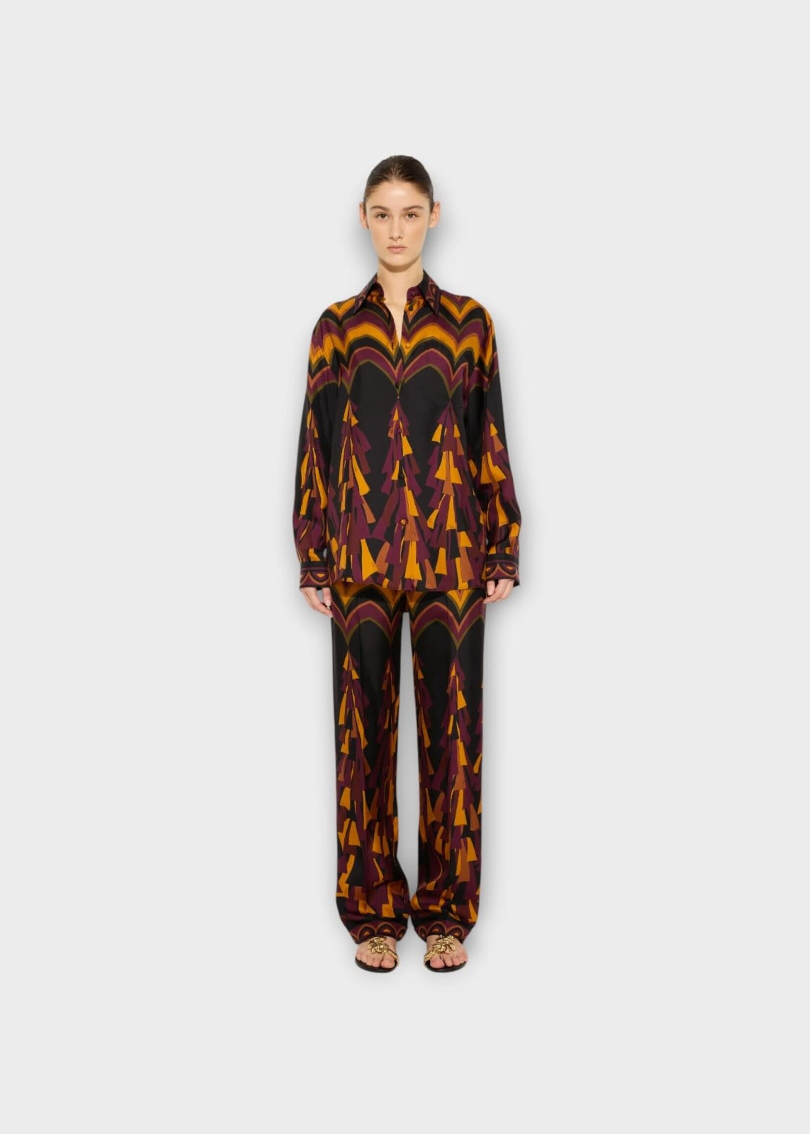 Pucci Pucci Shirt, Print, Silk Twill Classic Shirt In Burgundy & Gold w/ Badeira Print