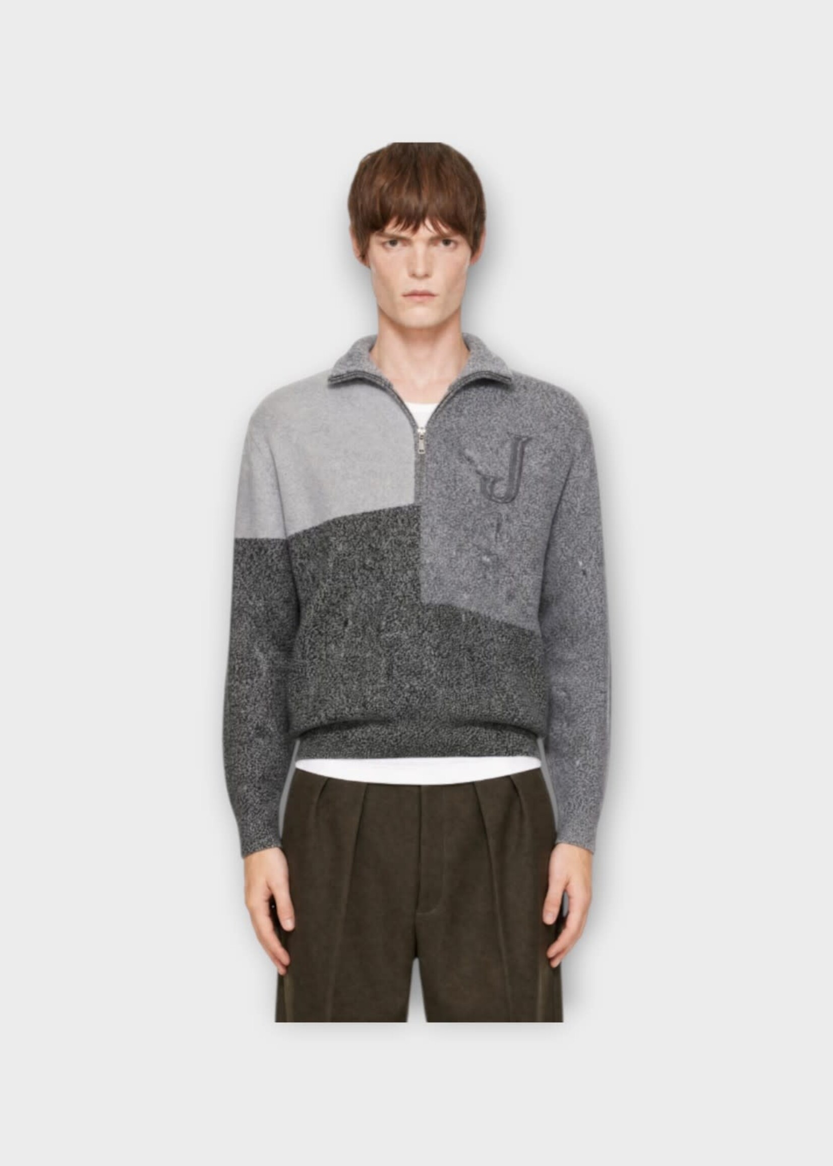 Jacquemus Jacquemus Sweatshirt, Grey, Le Camionneur Orlando Wool & Cashmere Half Zip Knitwear In Multi-Grey w/ Chest Embroidery