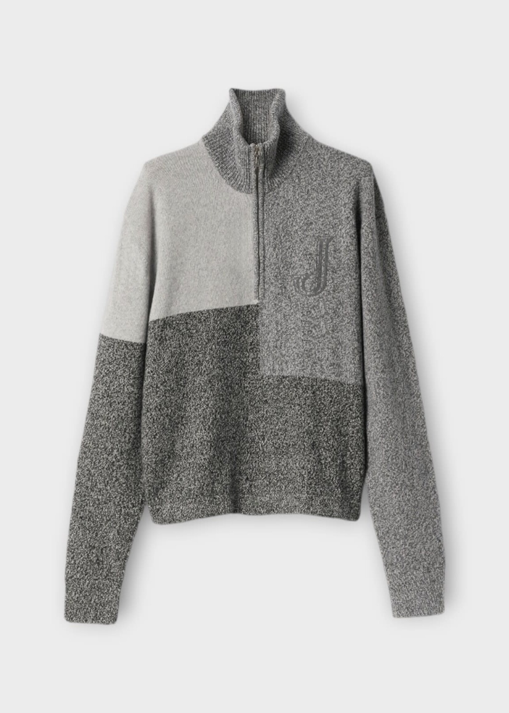 Jacquemus Jacquemus Sweatshirt, Grey, Le Camionneur Orlando Wool & Cashmere Half Zip Knitwear In Multi-Grey w/ Chest Embroidery