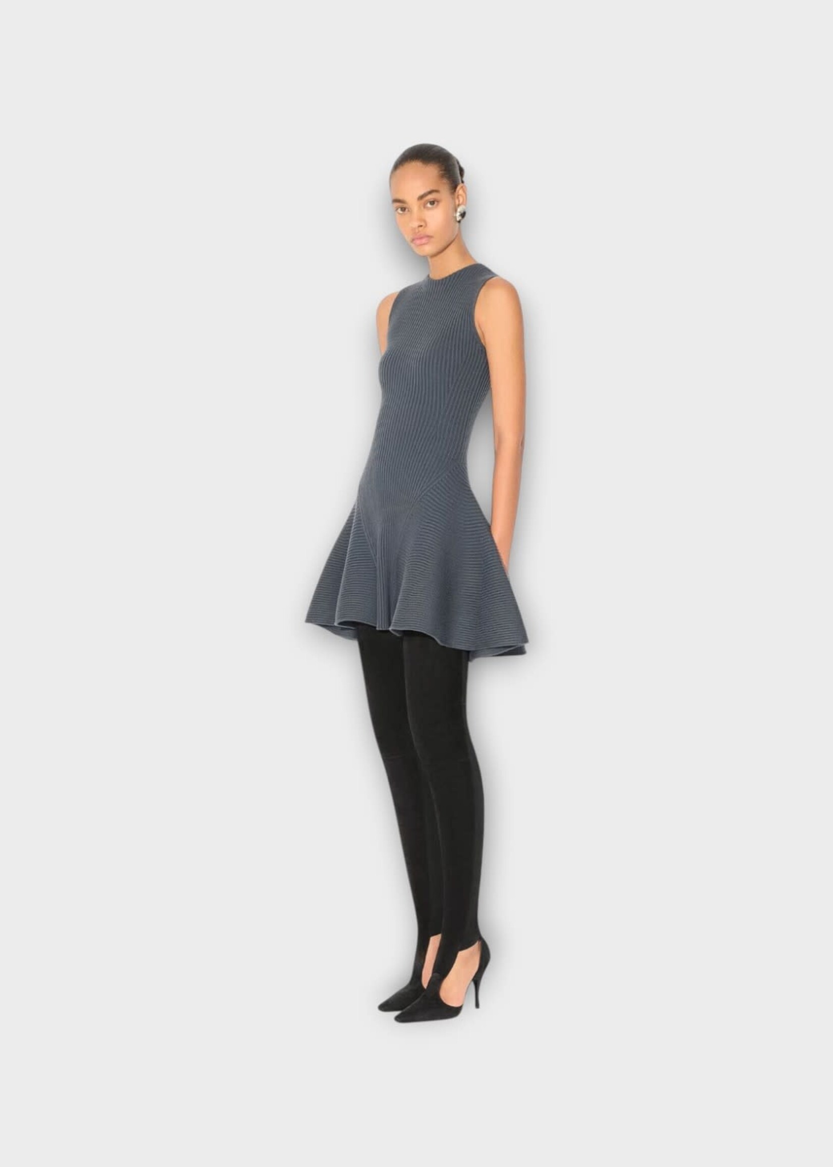 Alaia Alaia Dress, Grey, Ribbed Skater Mini Dress In Blue Grey