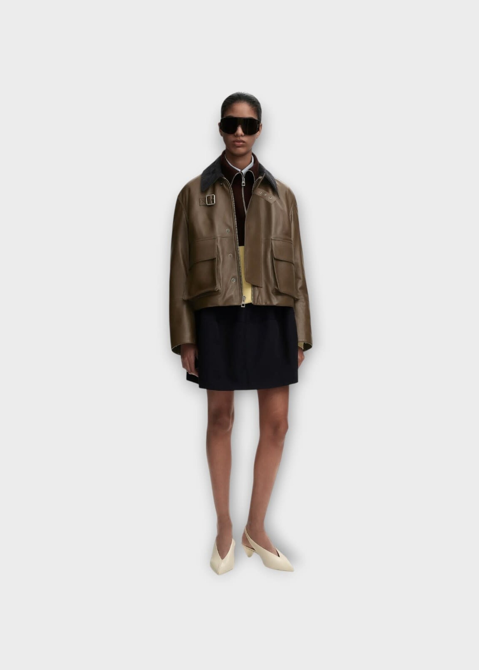 Loewe Loewe Jacket, Green, Nappa Leather Collared Short Parka In Khaki Green