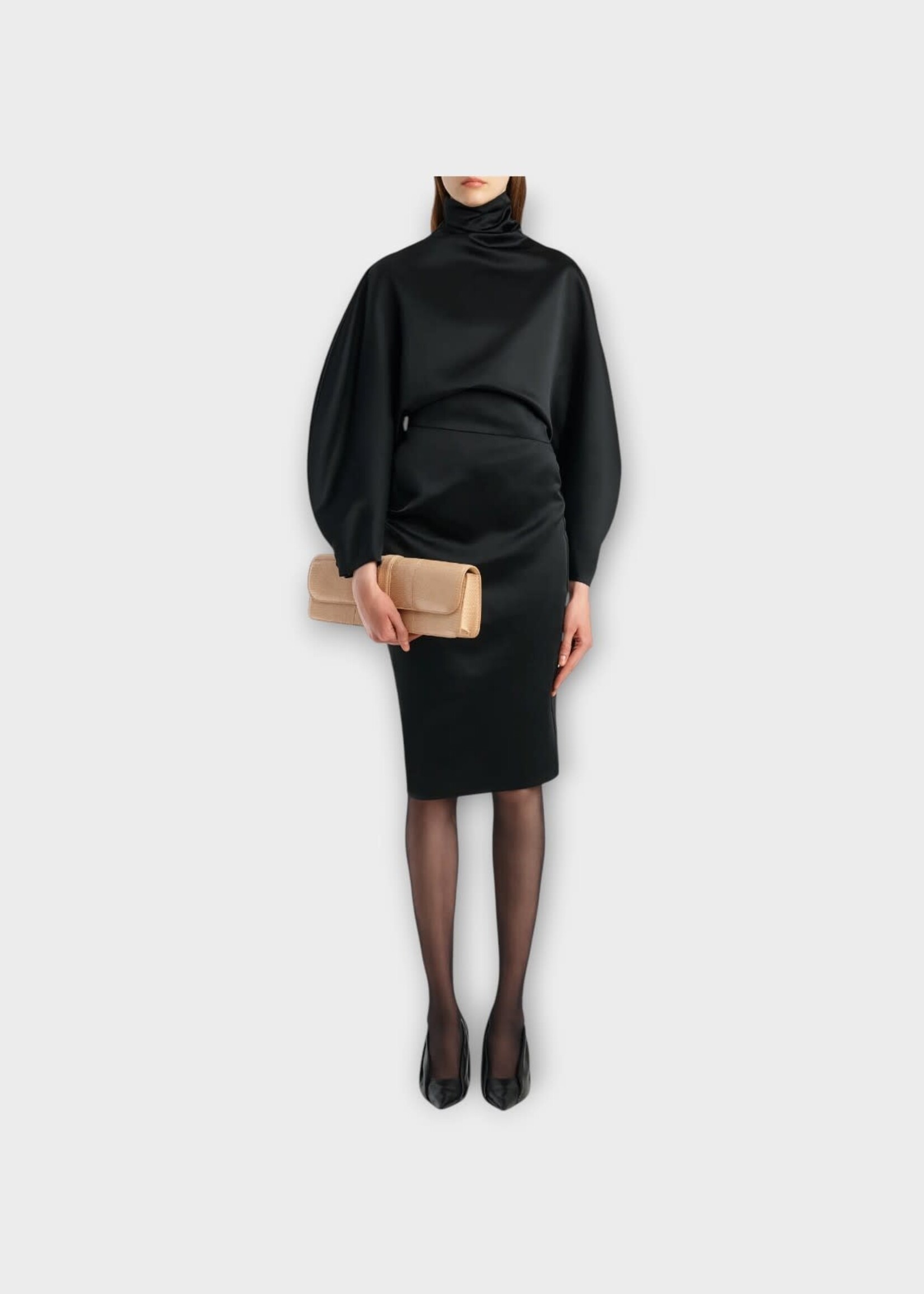 Khaite Khaite Dress, Black, Harlin High Neck Long Sleeve Draped Dress in Black