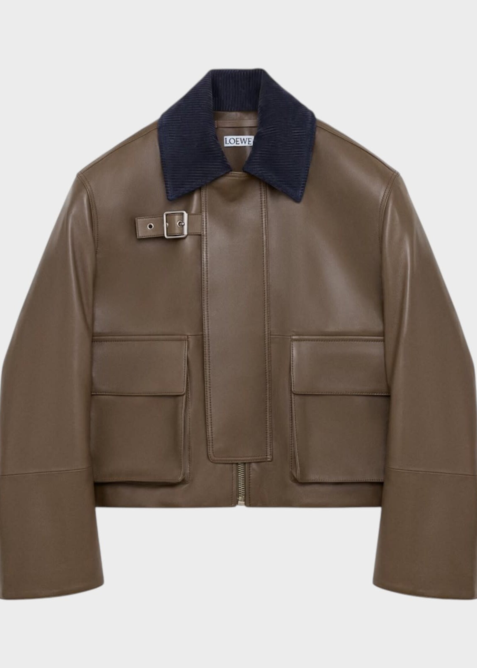 Loewe Loewe Jacket, Green, Nappa Leather Collared Short Parka In Khaki Green
