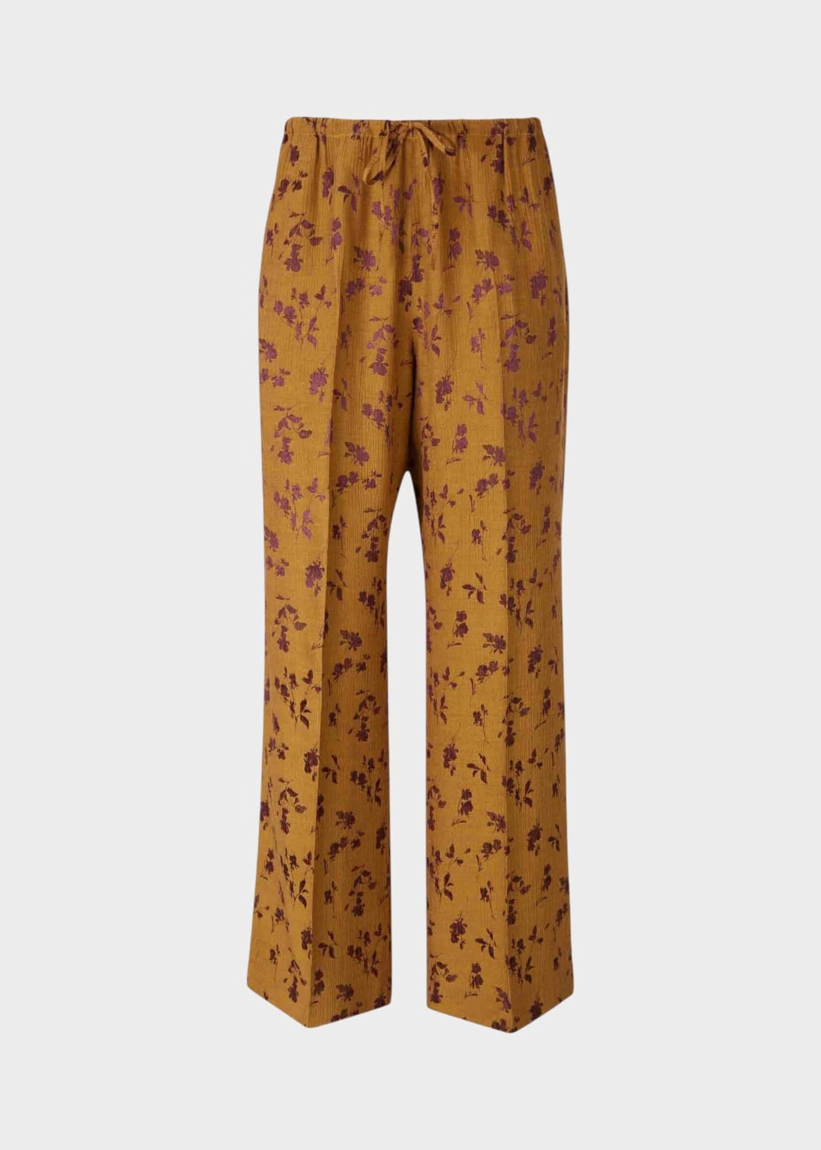 Dries Van Noten Dries Van Noten Trousers, Yellow, Puvis Drawstring Waist Wide Leg Pants In Okra w/ Floral Motif