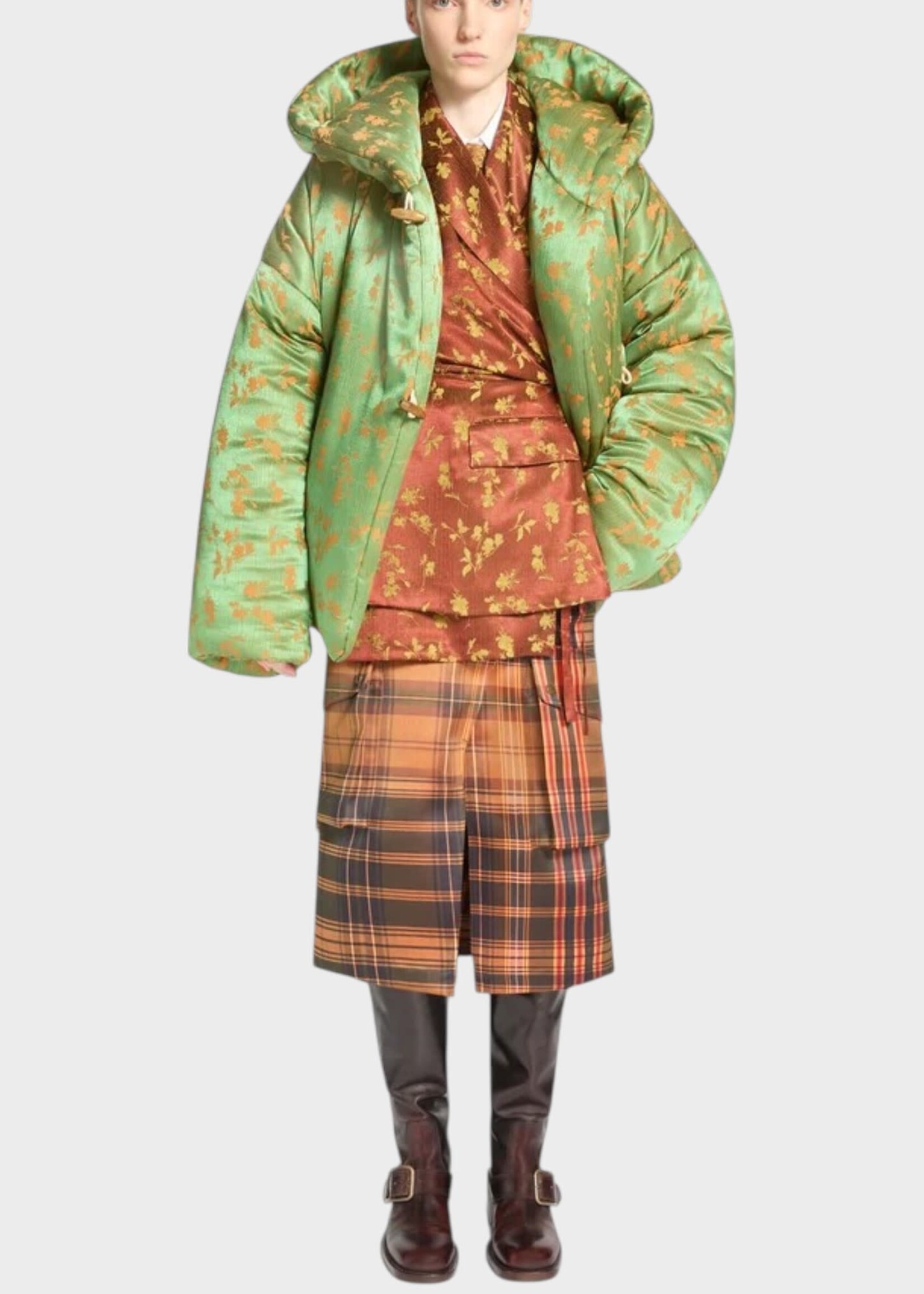 Dries Van Noten Dries Van Noten Jacket, Green, Vacali Hooded Puffer Jacket In Light Green w/ Floral Jacquard