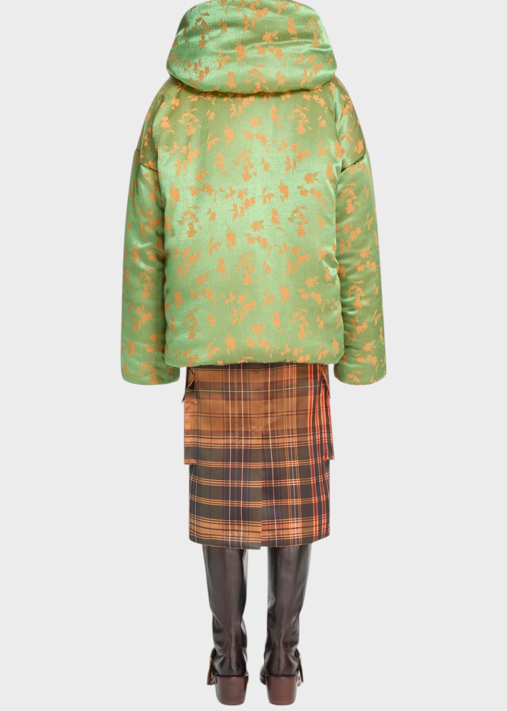 Dries Van Noten Dries Van Noten Jacket, Green, Vacali Hooded Puffer Jacket In Light Green w/ Floral Jacquard