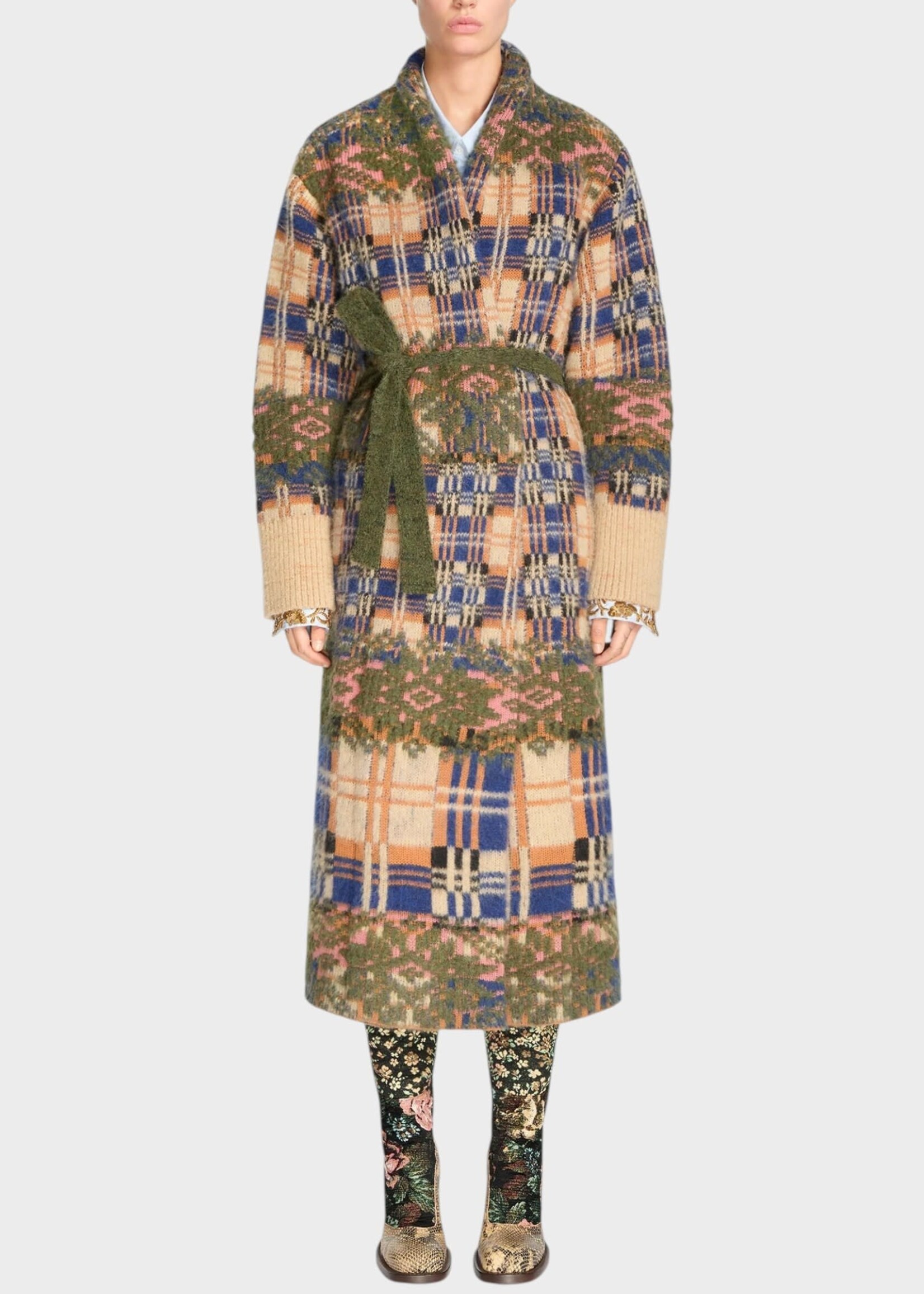 Dries Van Noten Dries Van Noten Knitwear, Multi, Telos Wool Belted Long Cardigan In Ecru & Green