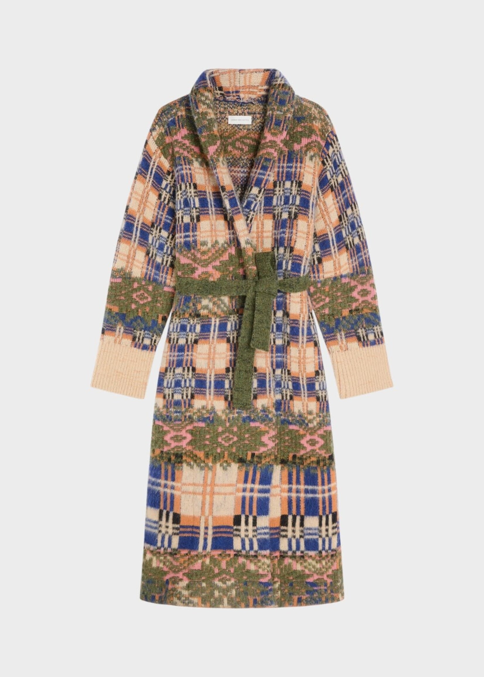 Dries Van Noten Dries Van Noten Knitwear, Multi, Telos Wool Belted Long Cardigan In Ecru & Green