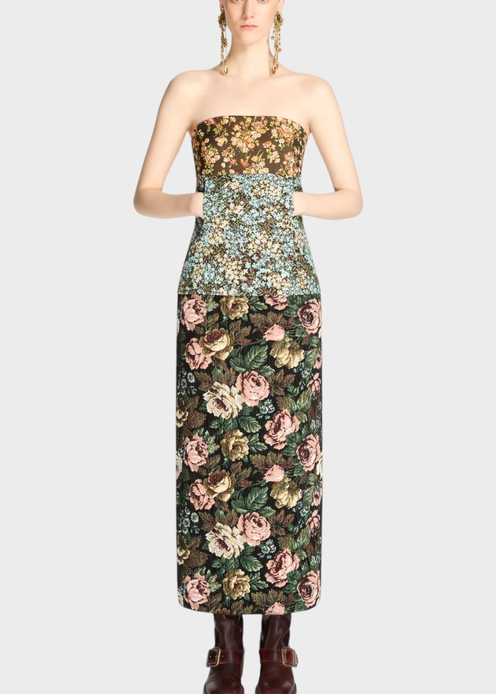 Dries Van Noten Dries Van Noten Top, Print, Ciliasa Cotton Mix Bustier Top in Brown w/ Floral Print