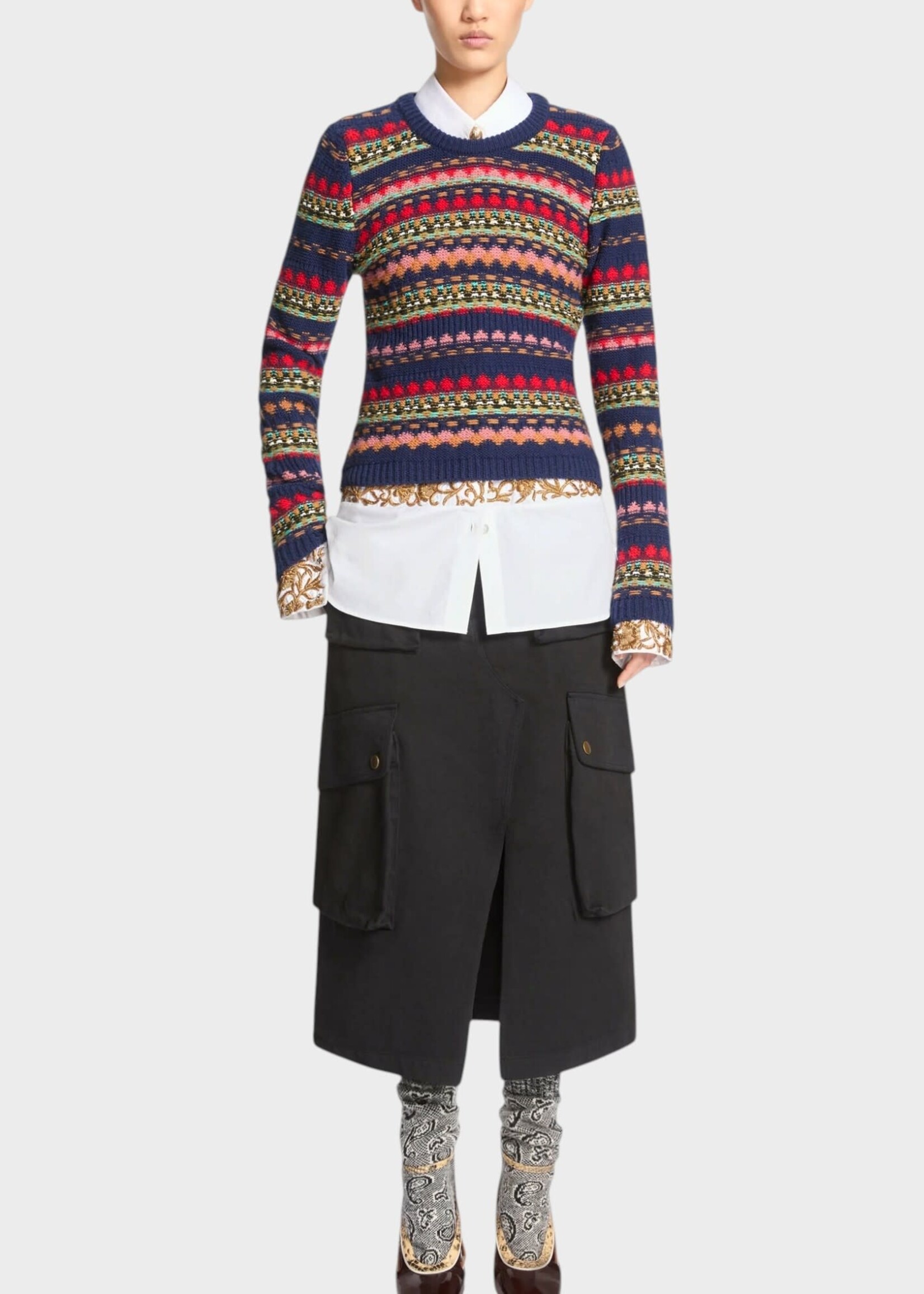 Dries Van Noten Dries Van Noten Knitwear, Navy, Tedd Wool Crew Neck Sweater In Navy & Multicolor / Geometric Motif