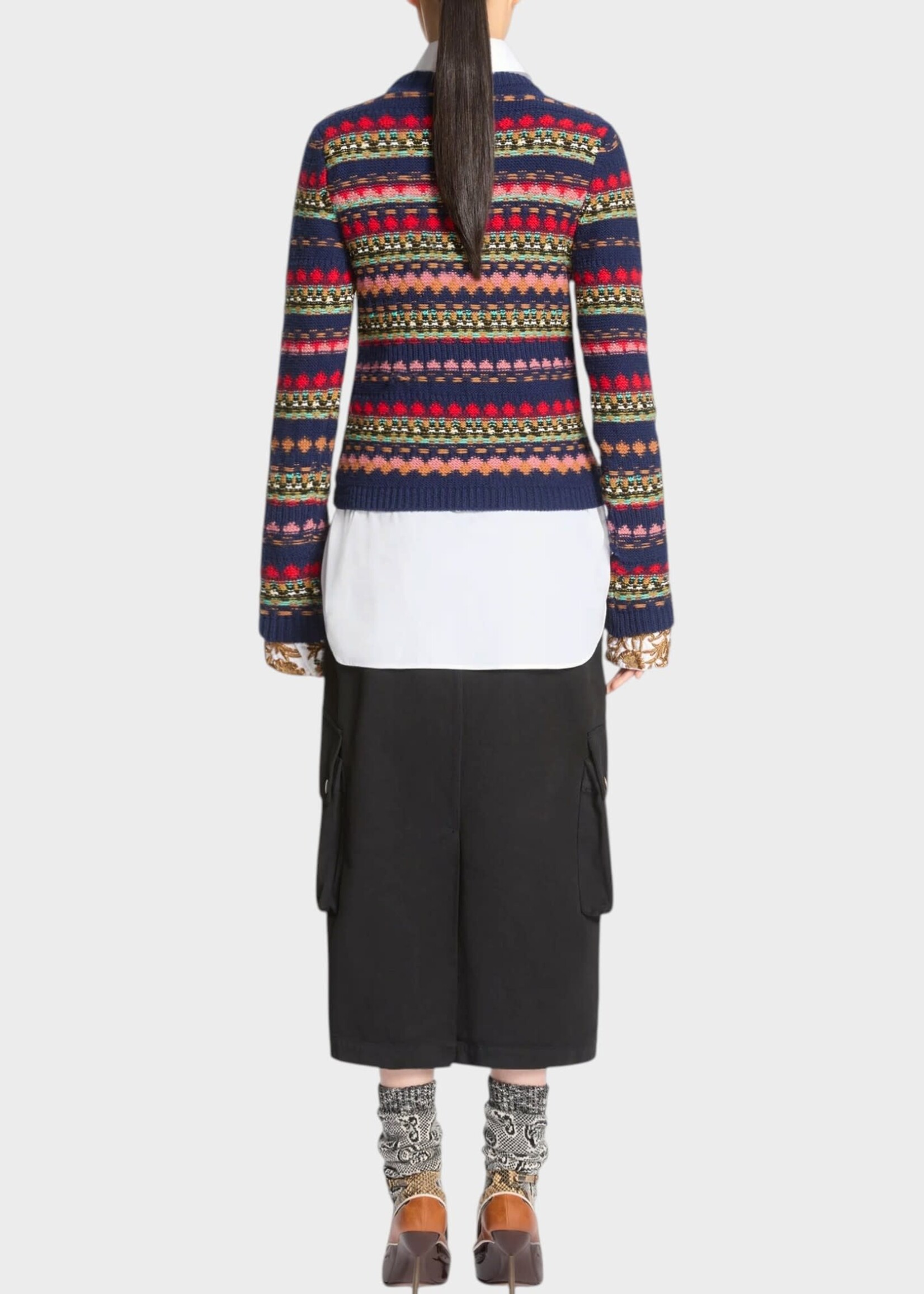 Dries Van Noten Dries Van Noten Knitwear, Navy, Tedd Wool Crew Neck Sweater In Navy & Multicolor / Geometric Motif