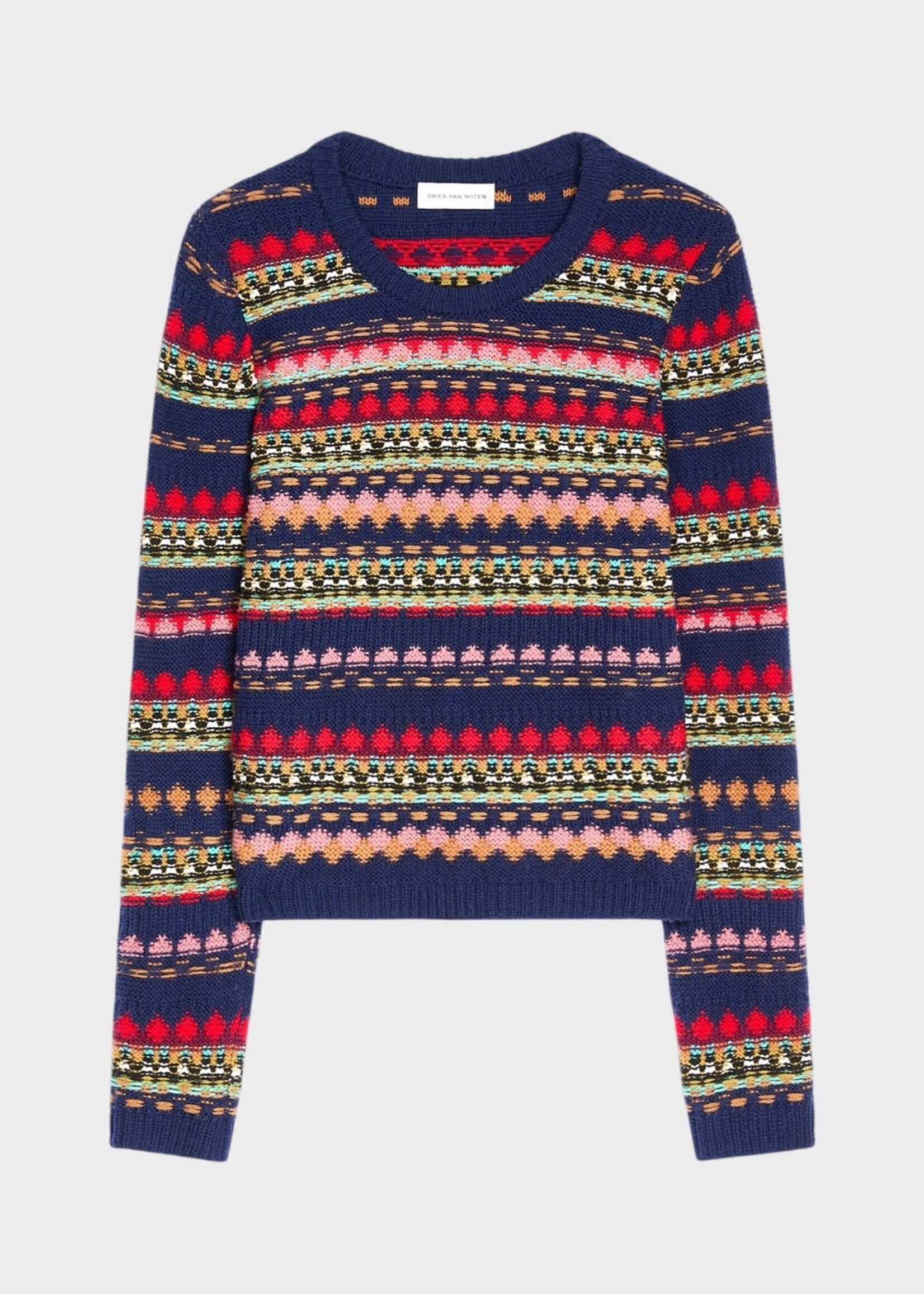 Dries Van Noten Dries Van Noten Knitwear, Navy, Tedd Wool Crew Neck Sweater In Navy & Multicolor / Geometric Motif