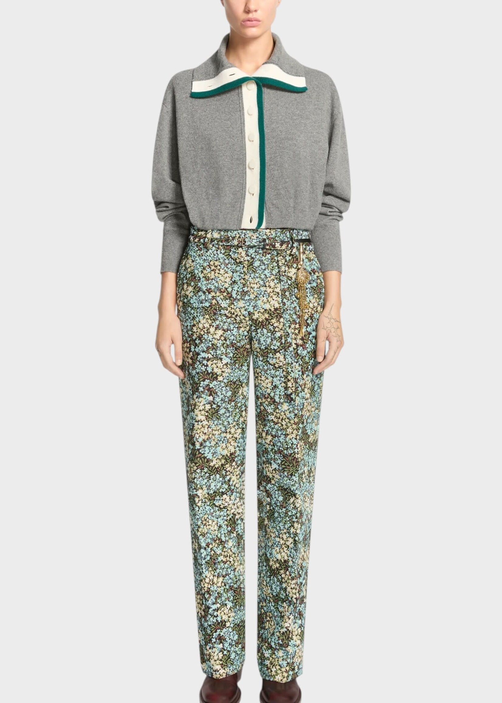 Dries Van Noten Dries Van Noten Trousers, Print, Presta Cotton Mix Straight Leg Pants in Green w/ Floral Print