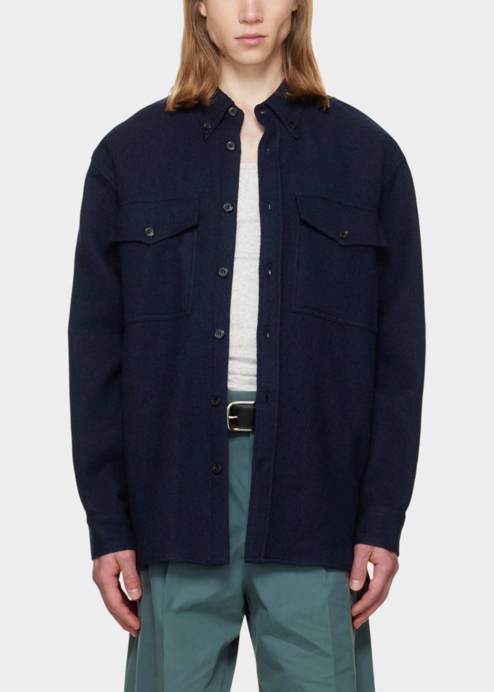 Dries Van Noten Dries Van Noten Shirt, Navy, Cromo Wool Over Shirt In Navy w/ Chest Pockets