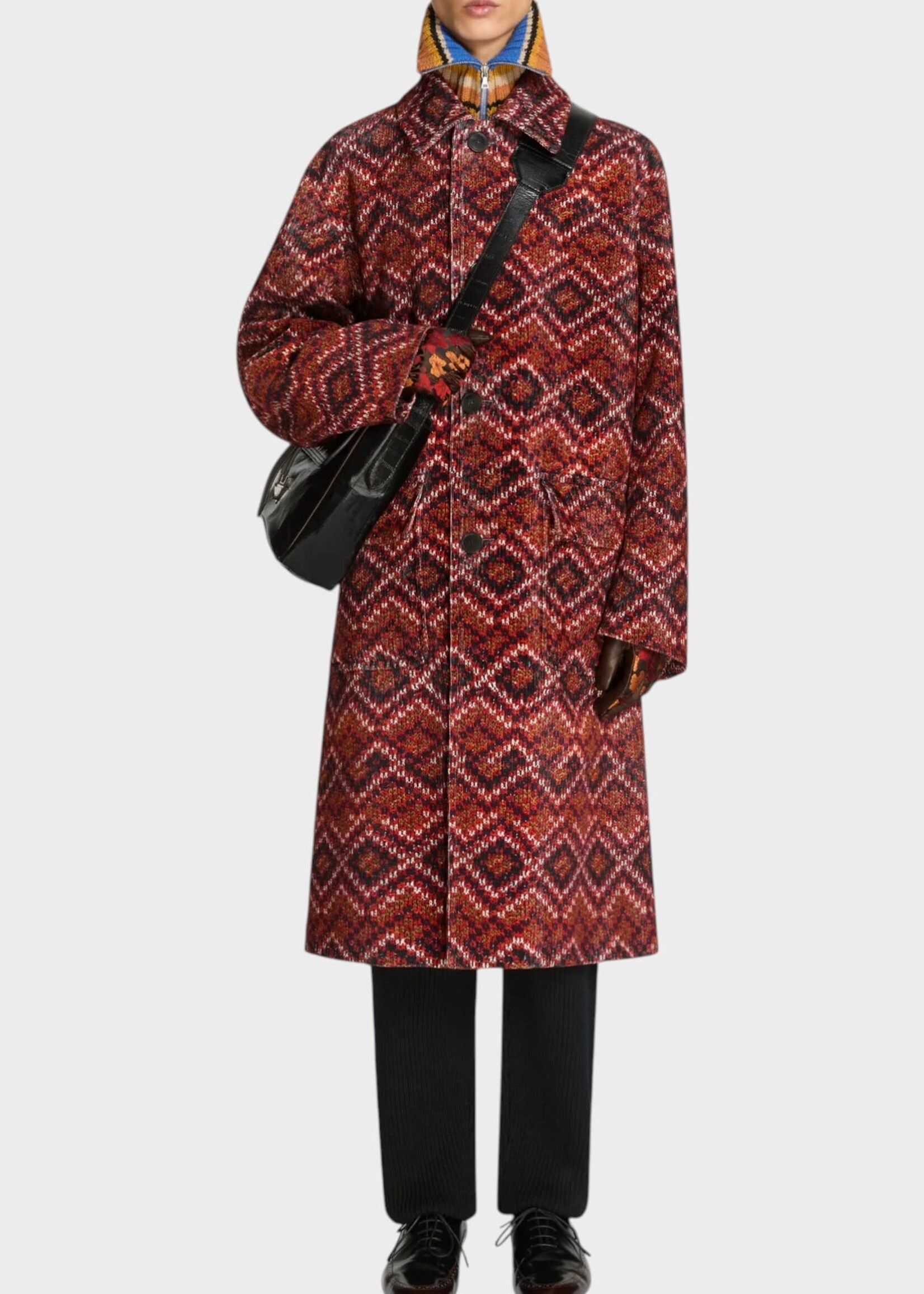 Dries Van Noten Dries Van Noten Coat, Red, Randale Cotton Loose Fit Long Coat In Red w/ Corduroy Motif Print