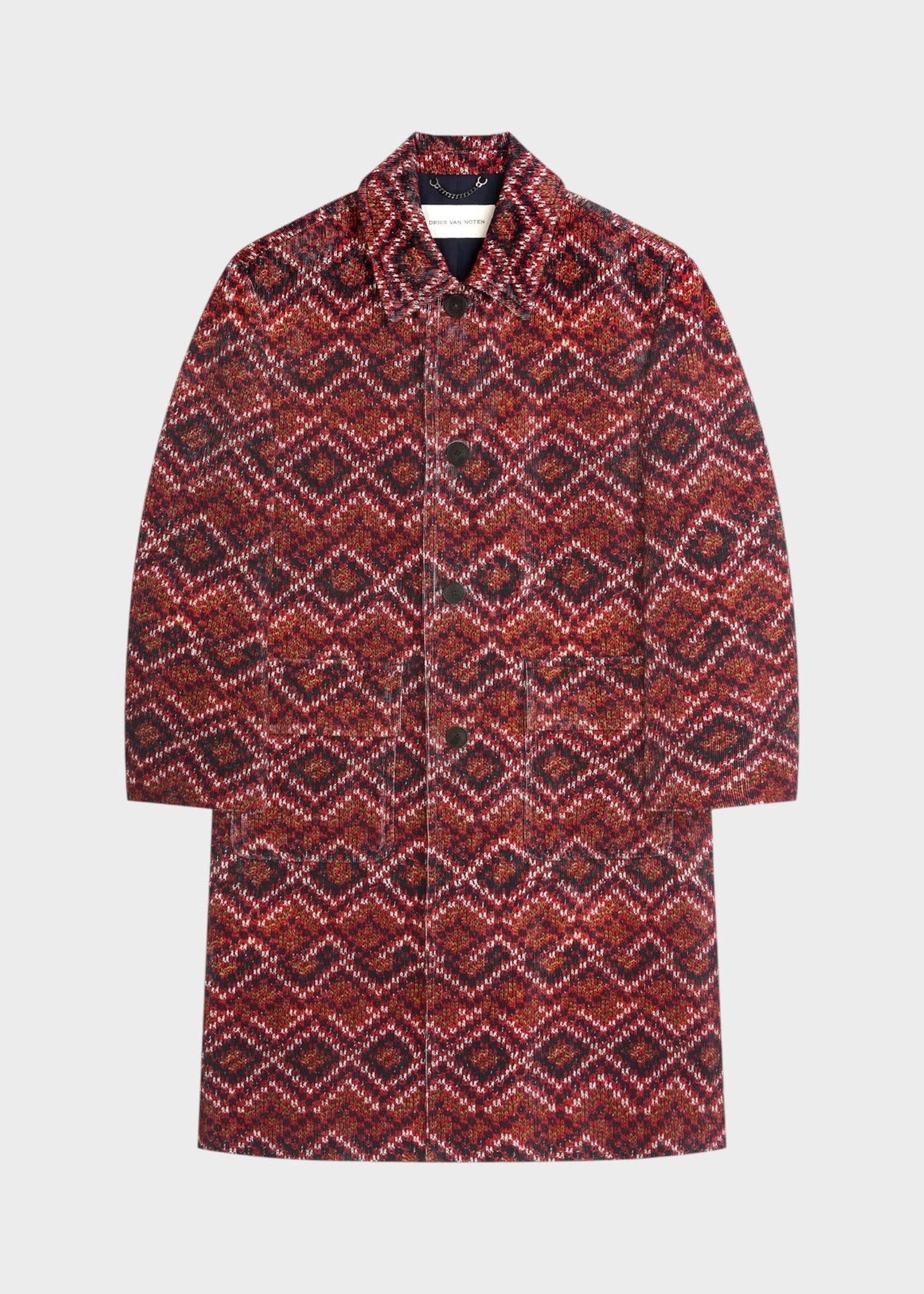 Dries Van Noten Dries Van Noten Coat, Red, Randale Cotton Loose Fit Long Coat In Red w/ Corduroy Motif Print