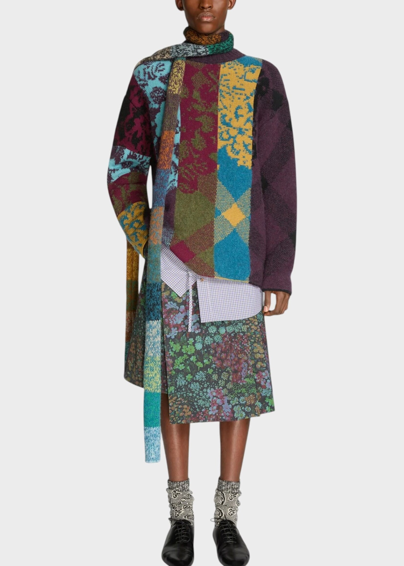 Dries Van Noten Dries Van Noten Knitwear, Purple, Matadi Alpaca Wool Mix Crew Neck Patchwork Sweater In Purple
