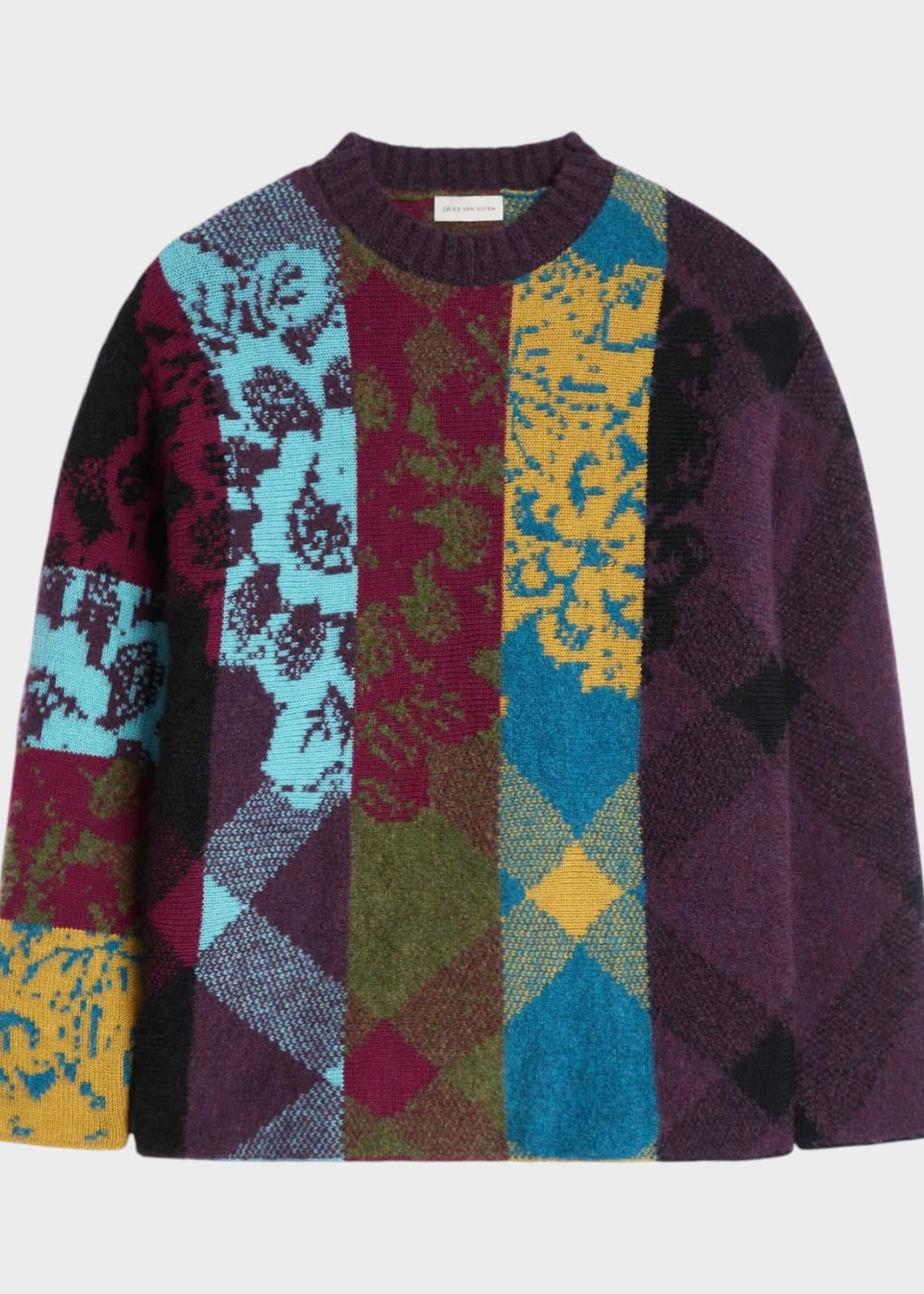 Dries Van Noten Dries Van Noten Knitwear, Purple, Matadi Alpaca Wool Mix Crew Neck Patchwork Sweater In Purple