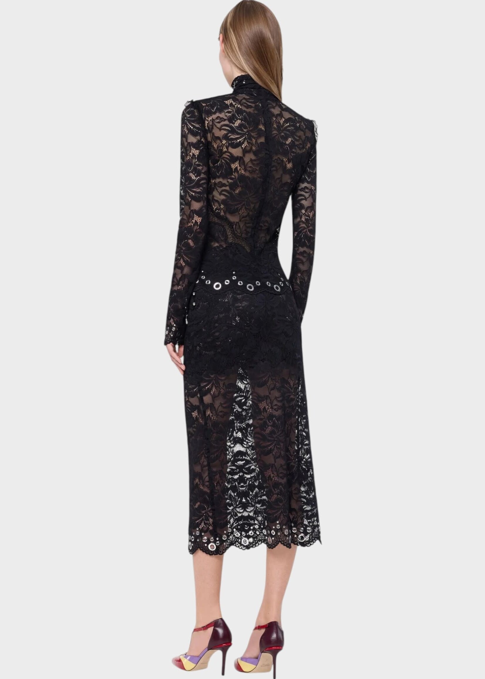 Rabanne Rabanne Skirt, Black, Layered Lace Midi Skirt In Black w/ Silver Embellishments