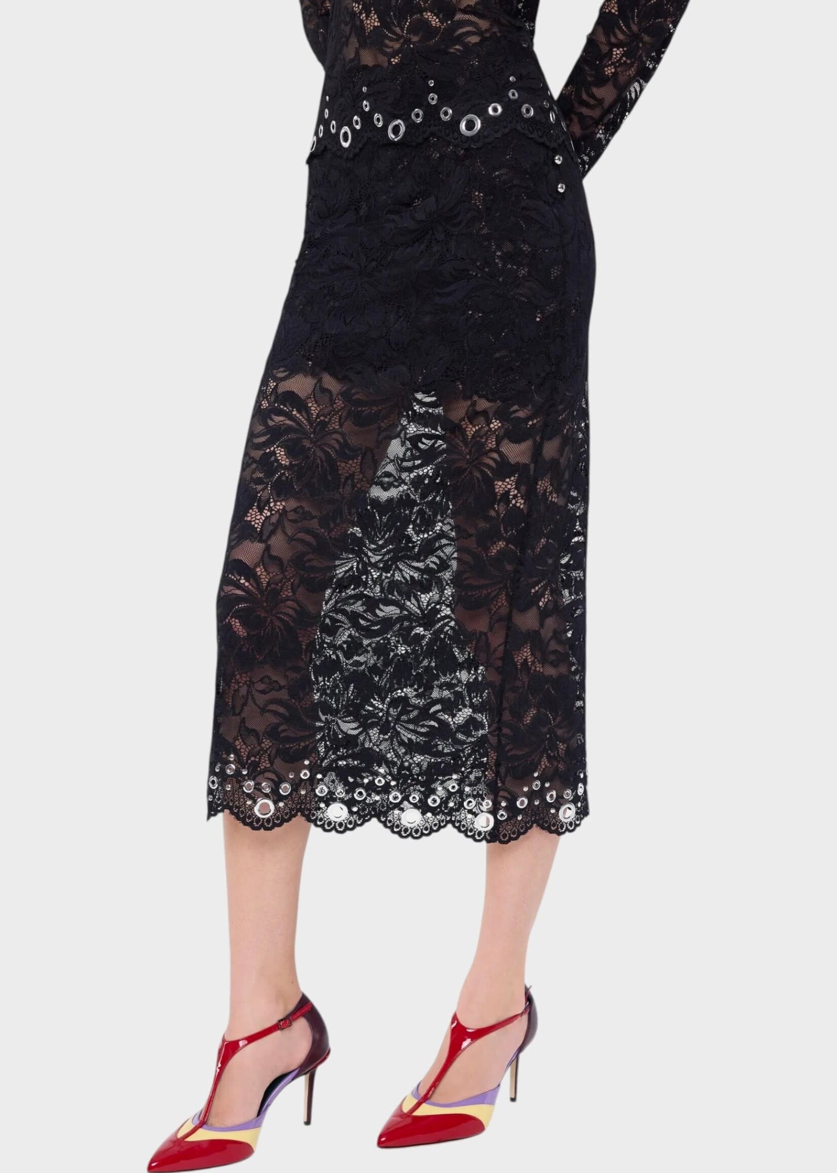 Rabanne Rabanne Skirt, Black, Layered Lace Midi Skirt In Black w/ Silver Embellishments