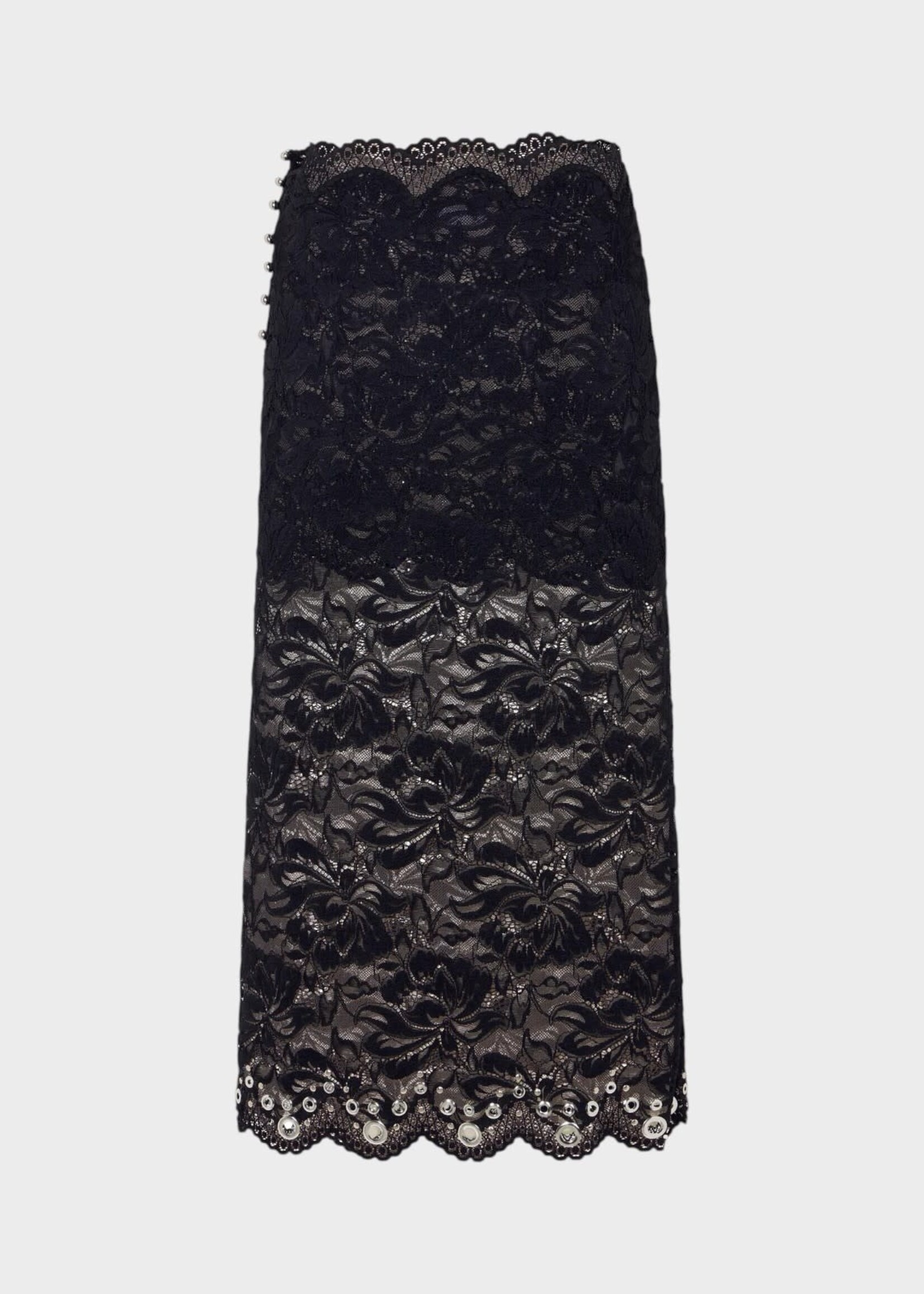 Rabanne Rabanne Skirt, Black, Layered Lace Midi Skirt In Black w/ Silver Embellishments