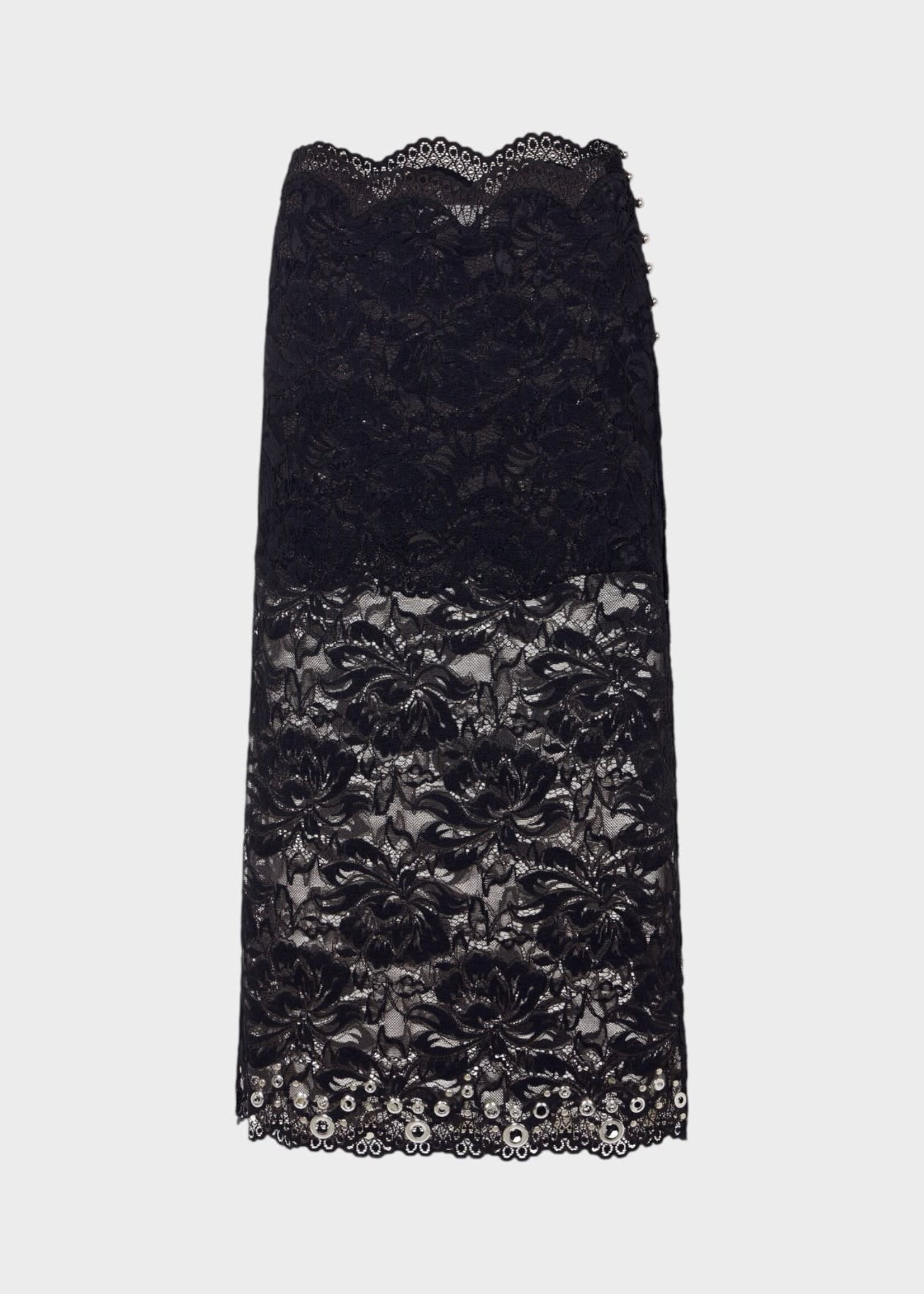 Rabanne Rabanne Skirt, Black, Layered Lace Midi Skirt In Black w/ Silver Embellishments
