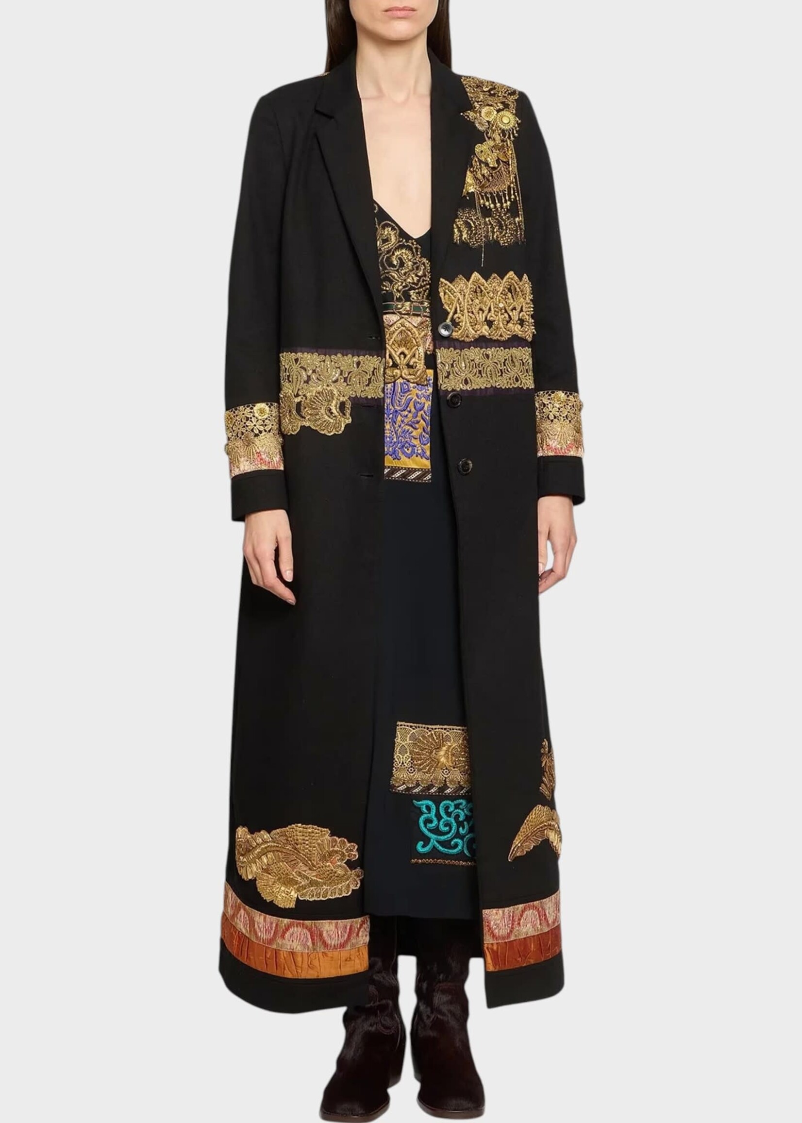 Dries Van Noten Dries Van Noten Coat, Black, Richy Cotton Single Breasted Long Coat In Black w/ Gold Embroidery