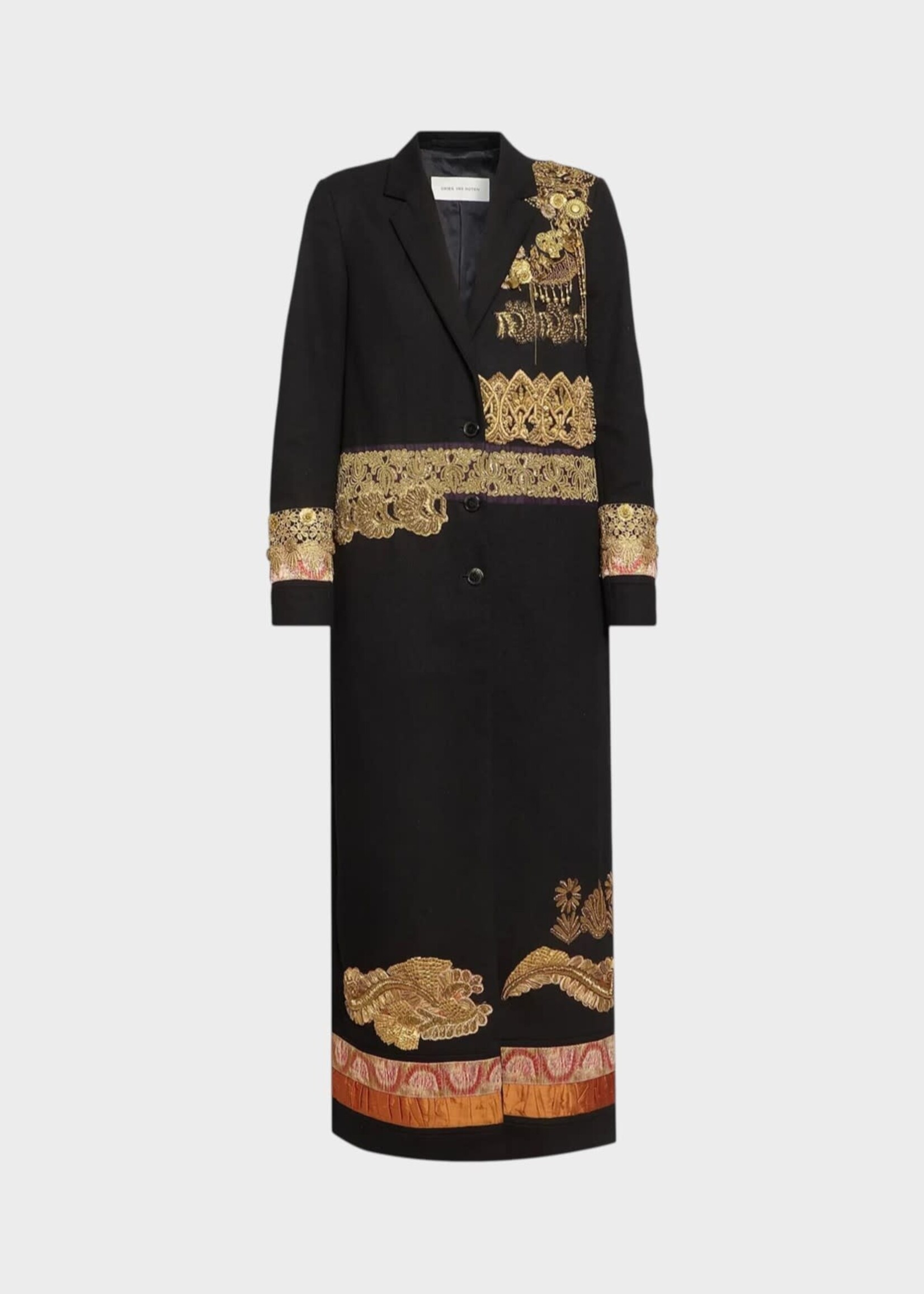 Dries Van Noten Dries Van Noten Coat, Black, Richy Cotton Single Breasted Long Coat In Black w/ Gold Embroidery