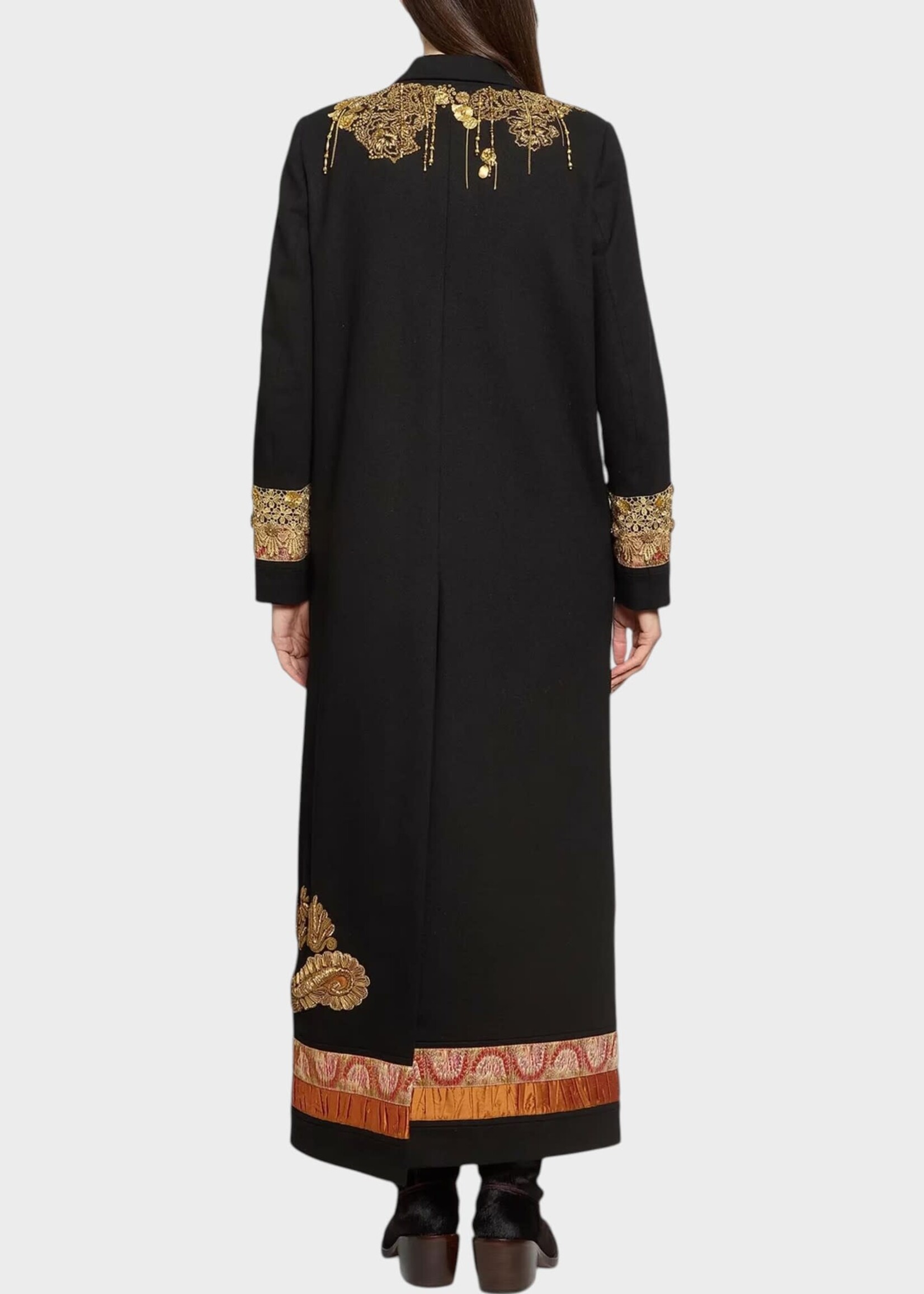 Dries Van Noten Dries Van Noten Coat, Black, Richy Cotton Single Breasted Long Coat In Black w/ Gold Embroidery