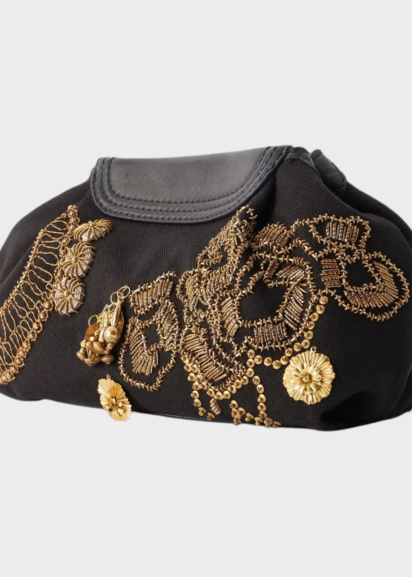 Dries Van Noten Dries Van Noten Bag, Multi, Blossom Cotton Pouch Bag in Black w/ Gold Embroidery