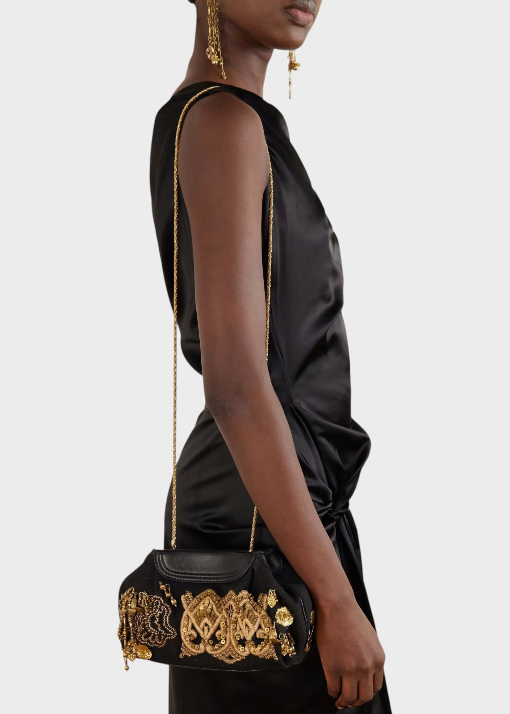 Dries Van Noten Dries Van Noten Bag, Multi, Blossom Cotton Pouch Bag in Black w/ Gold Embroidery