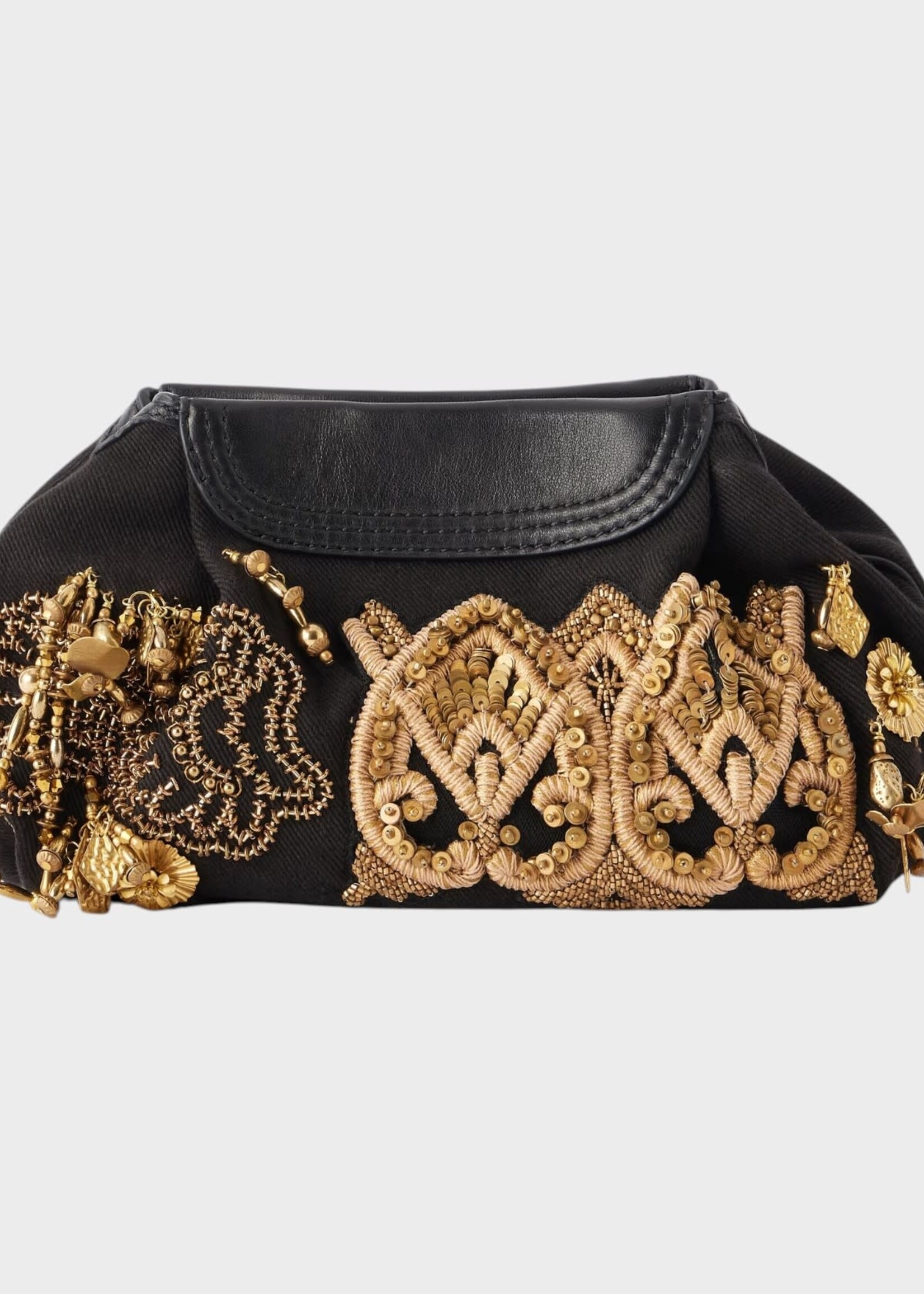 Dries Van Noten Dries Van Noten Bag, Multi, Blossom Cotton Pouch Bag in Black w/ Gold Embroidery