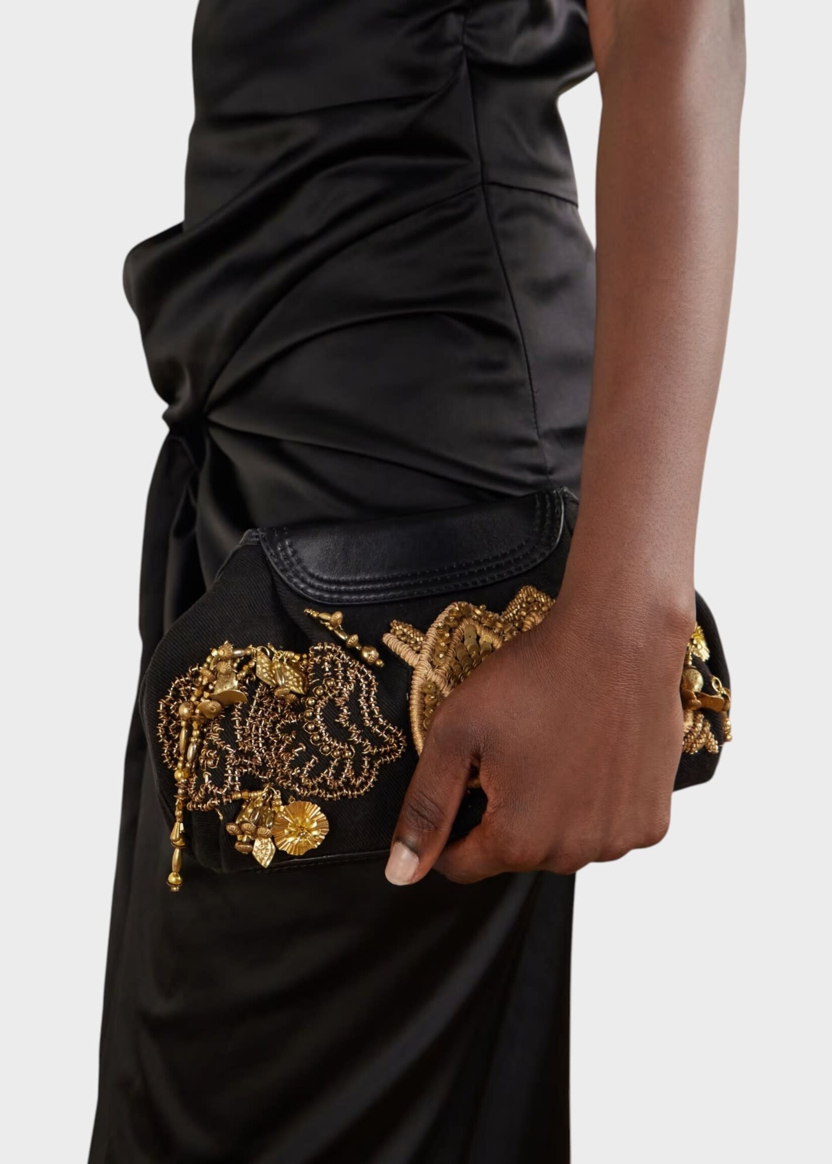 Dries Van Noten Dries Van Noten Bag, Multi, Blossom Cotton Pouch Bag in Black w/ Gold Embroidery