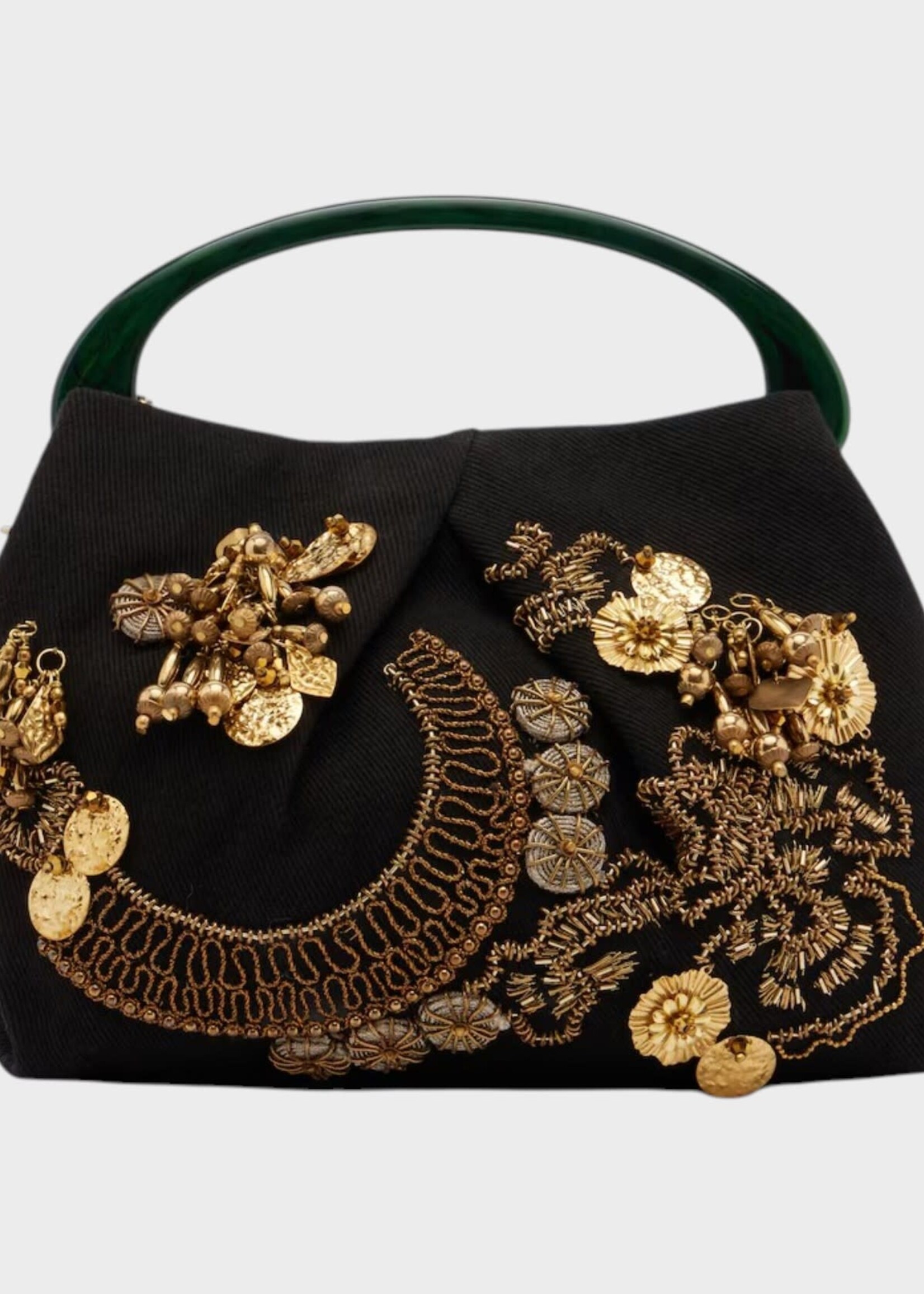Dries Van Noten Dries Van Noten Bag, Multi, Crispino Cotton Resin Top Handle Small Bag in Black w/ Gold Embroidery