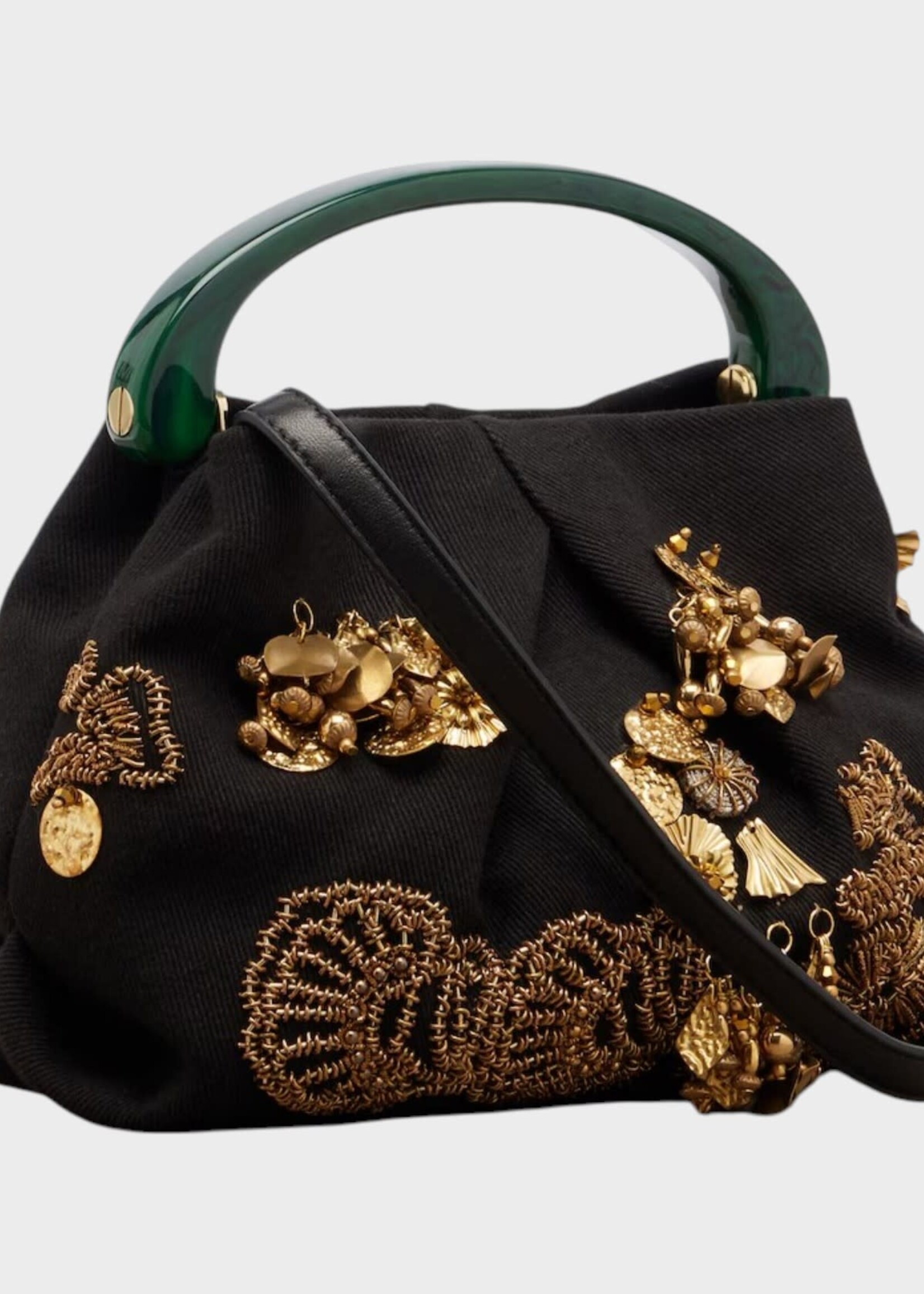 Dries Van Noten Dries Van Noten Bag, Multi, Crispino Cotton Resin Top Handle Small Bag in Black w/ Gold Embroidery
